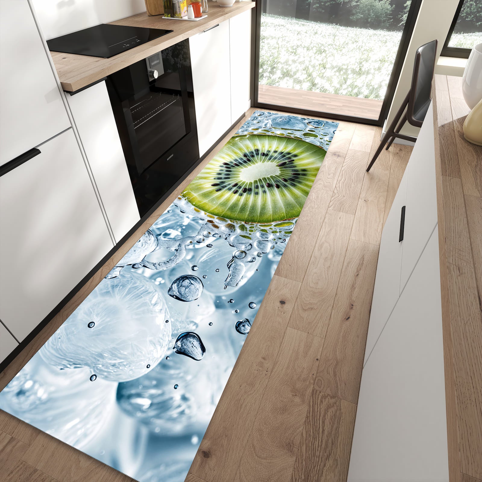 Waschbarer großer Küchenteppich mit Motiv Kiwi mit Eis in moderner Küche