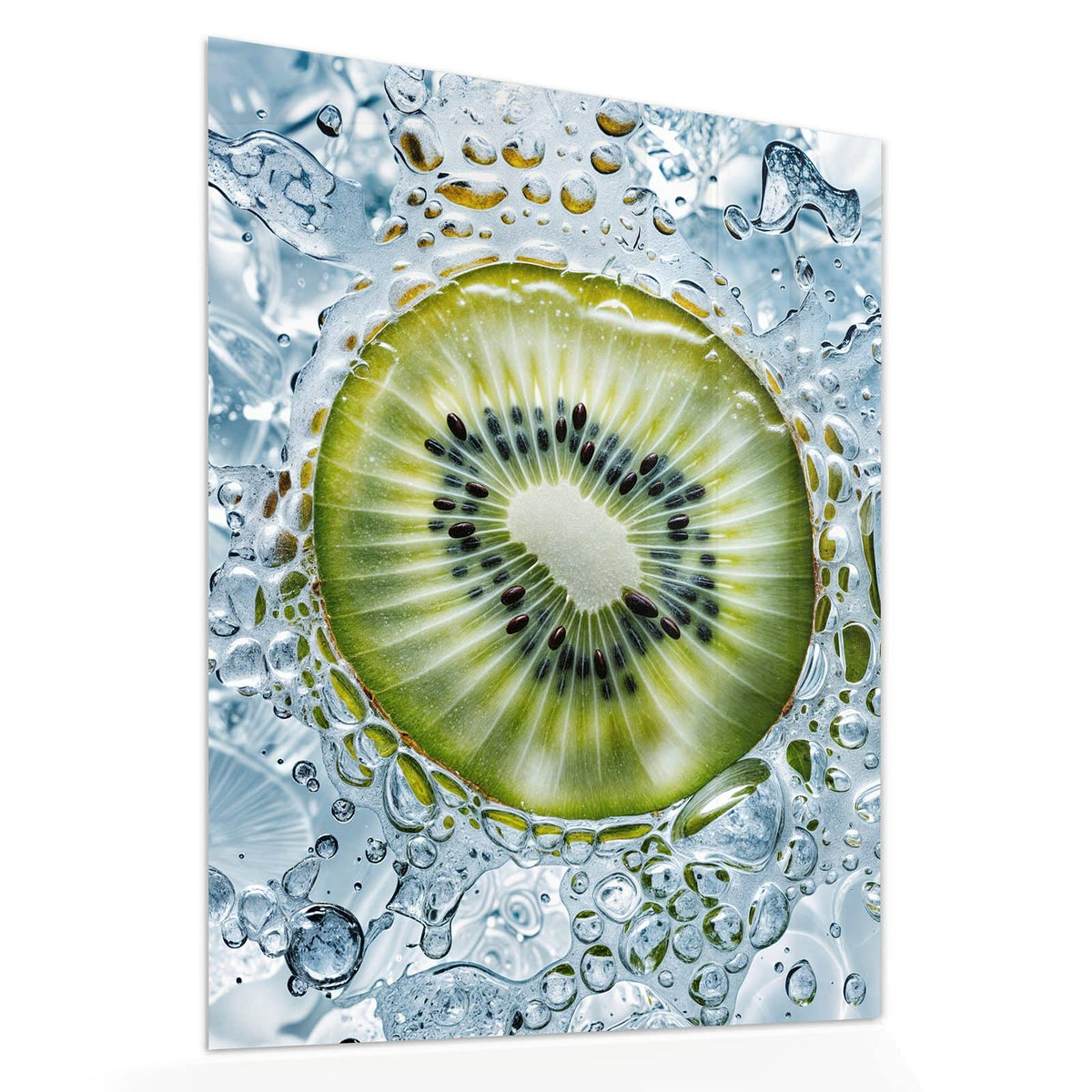 Echtglas, 4 mm – kein Acryl, keine Folie – Wandbild - Kiwi in Wasserblasen - Hochformat
