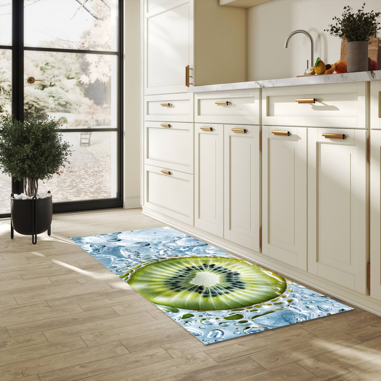 Abriebfester Küchenläufer mit Motiv Kiwi mit Eis in heller Küche