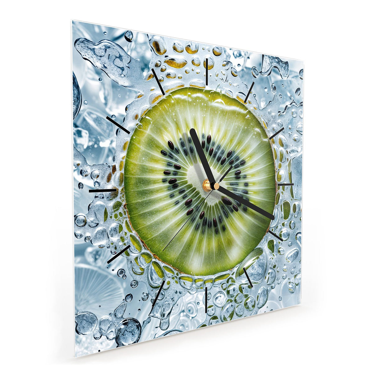 Quadratische Wanduhr aus Glas Kiwi in Wasserblasen schräg von der Seite, 4 mm starkes Glas