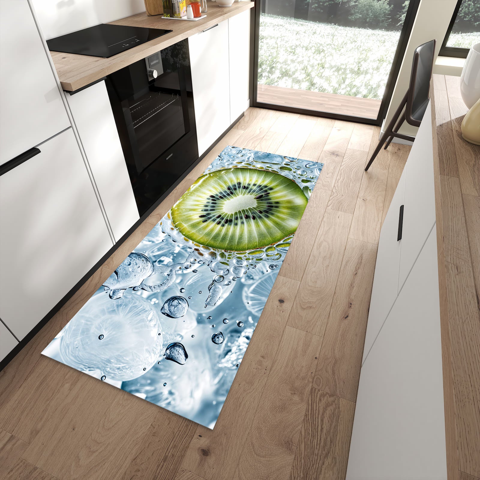 Küchenteppich mit Motiv Kiwi mit Eis für angenehme Haptik in moderner Küche