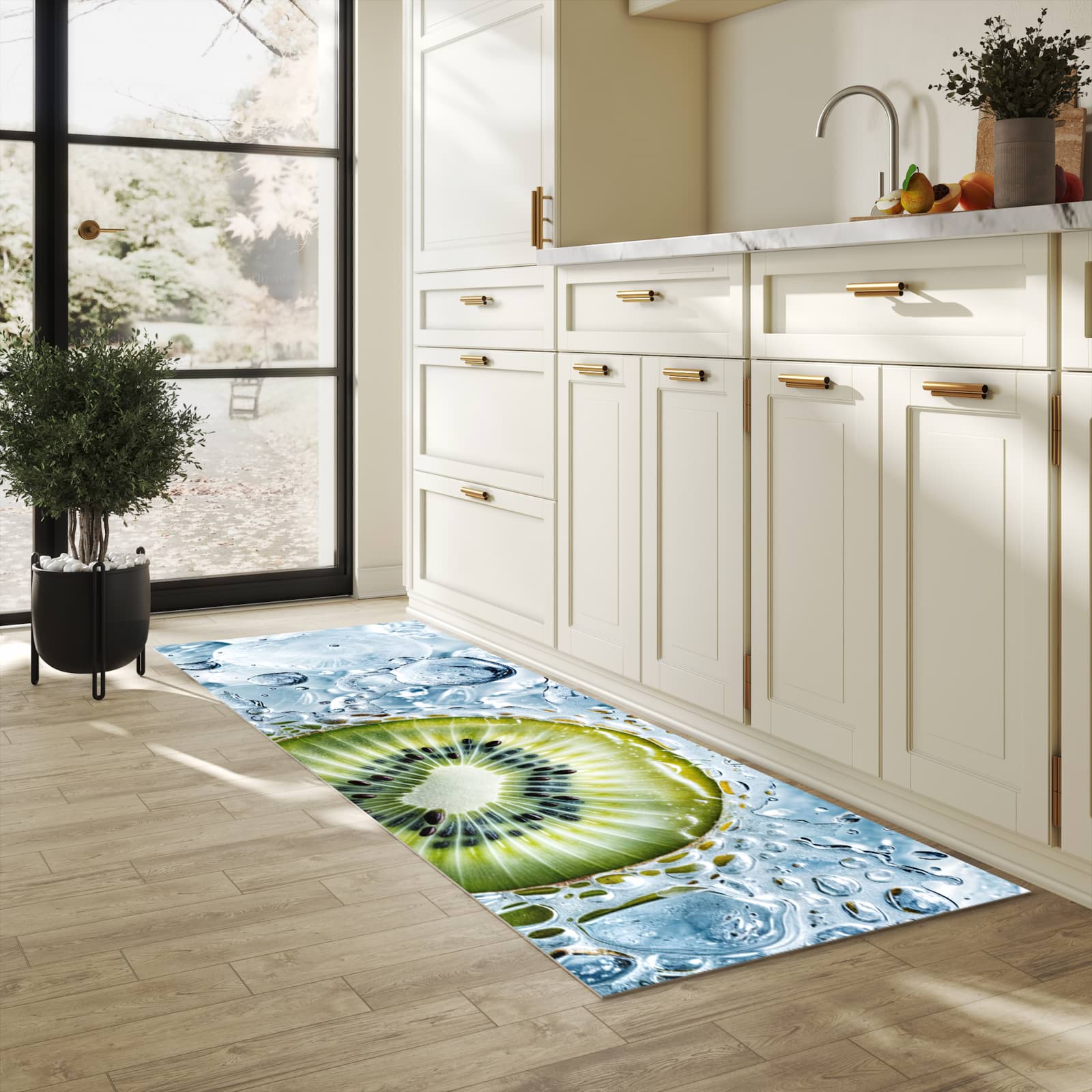 UV-beständiger Teppichläufer mit Motiv Kiwi mit Eis in heller Küche