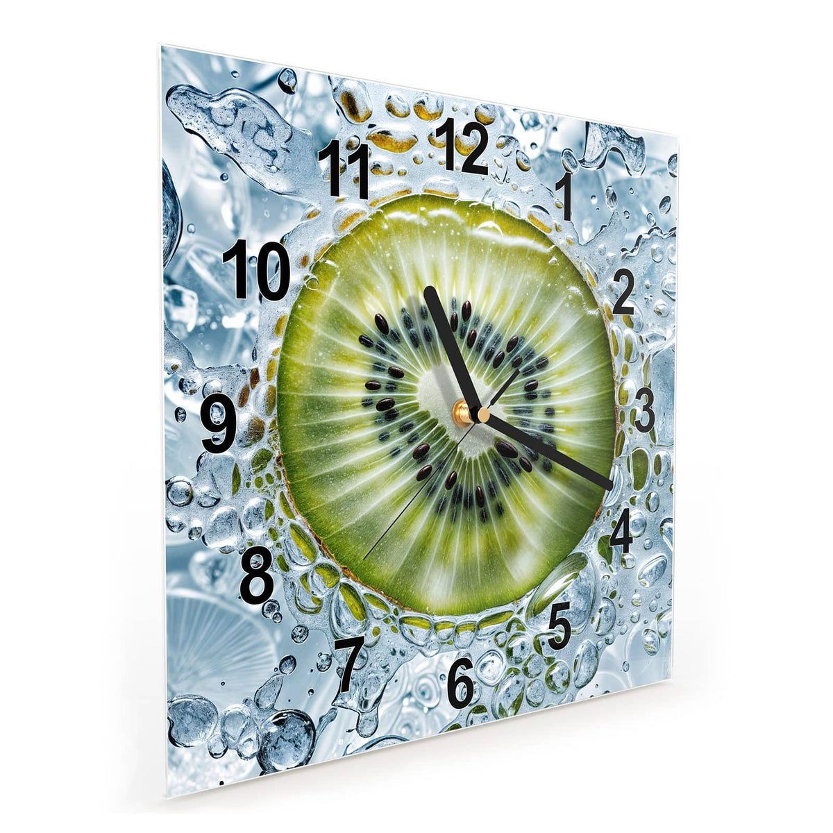 Quadratische Wanduhr aus Glas Kiwi in Wasserblasen schräg von der Seite, 4 mm starkes Glas