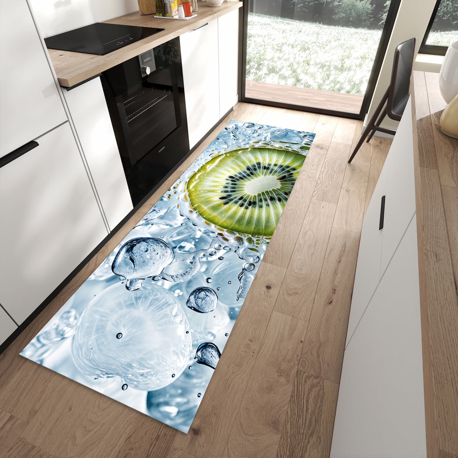 Hygienischer Küchenteppich mit Motiv Kiwi mit Eis in moderner Küche - leicht waschbar
