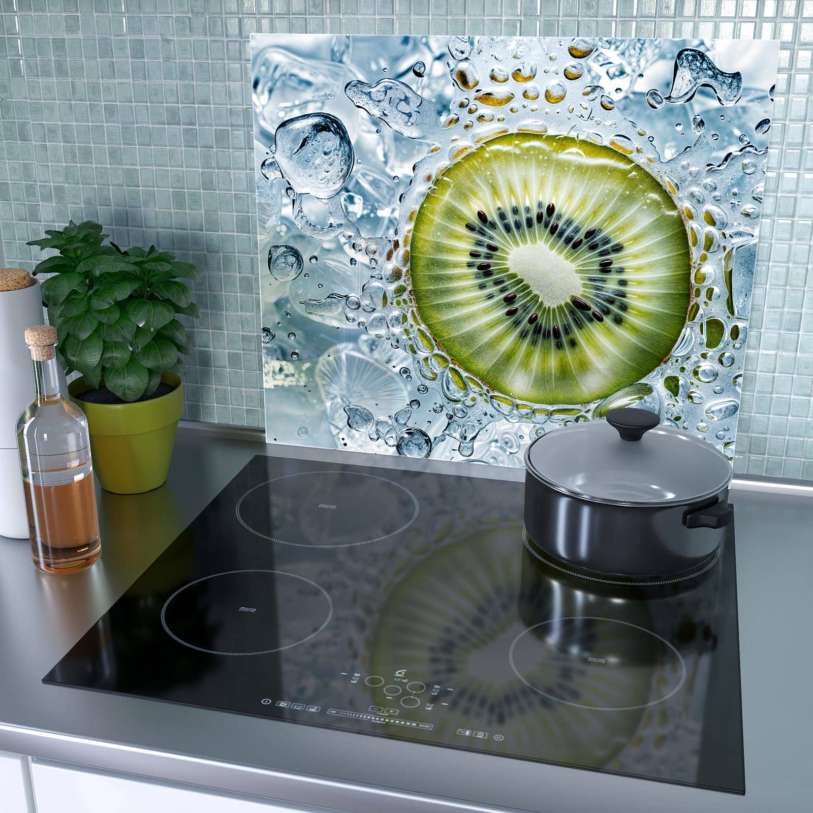 1-teilige Herdabdeckung mit Kiwi mit Eis-Motiv als Spritzschutz hinter dem Kochfeld