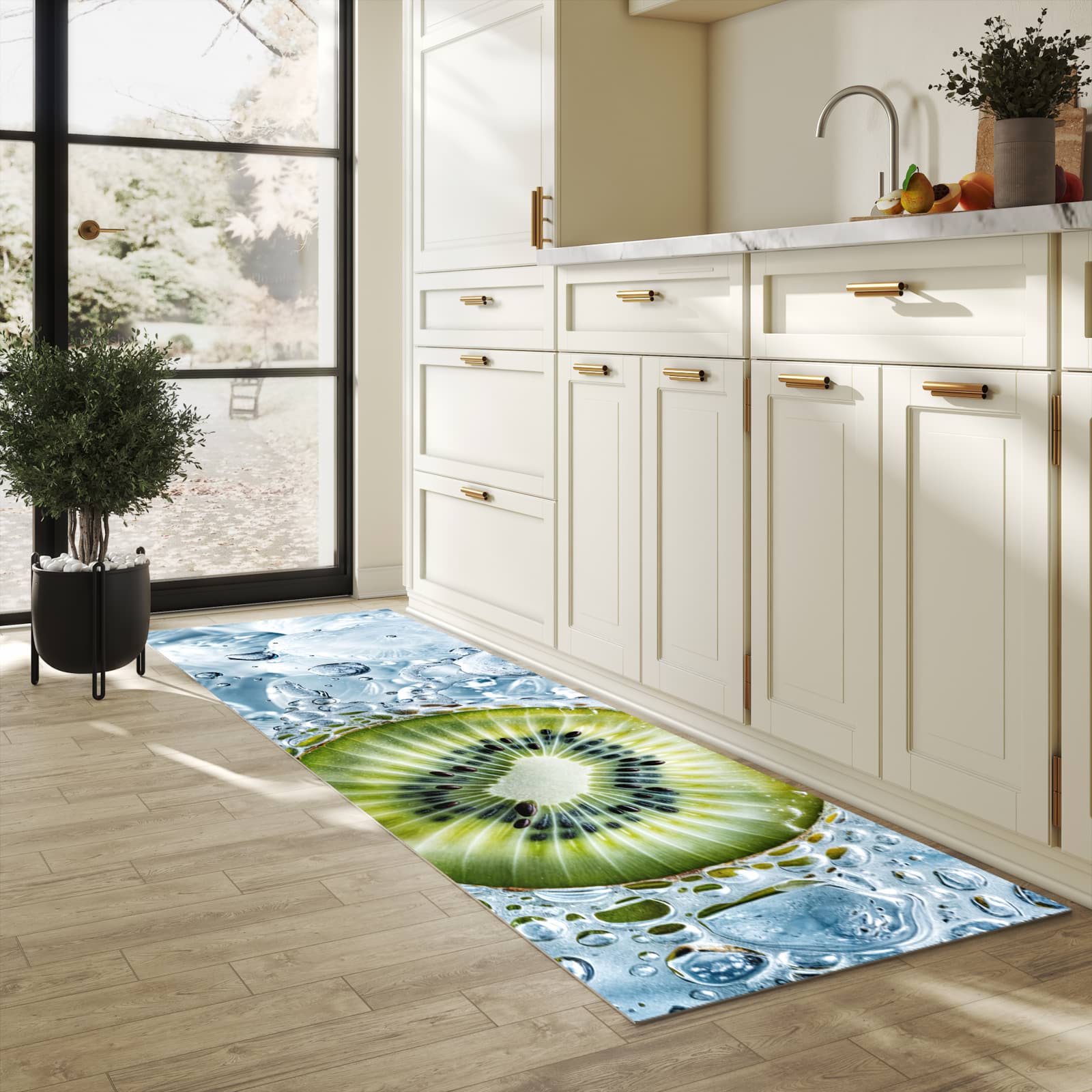 Waschbarer Küchenläufer mit Motiv Kiwi mit Eis für Trittkomfort in heller Küche