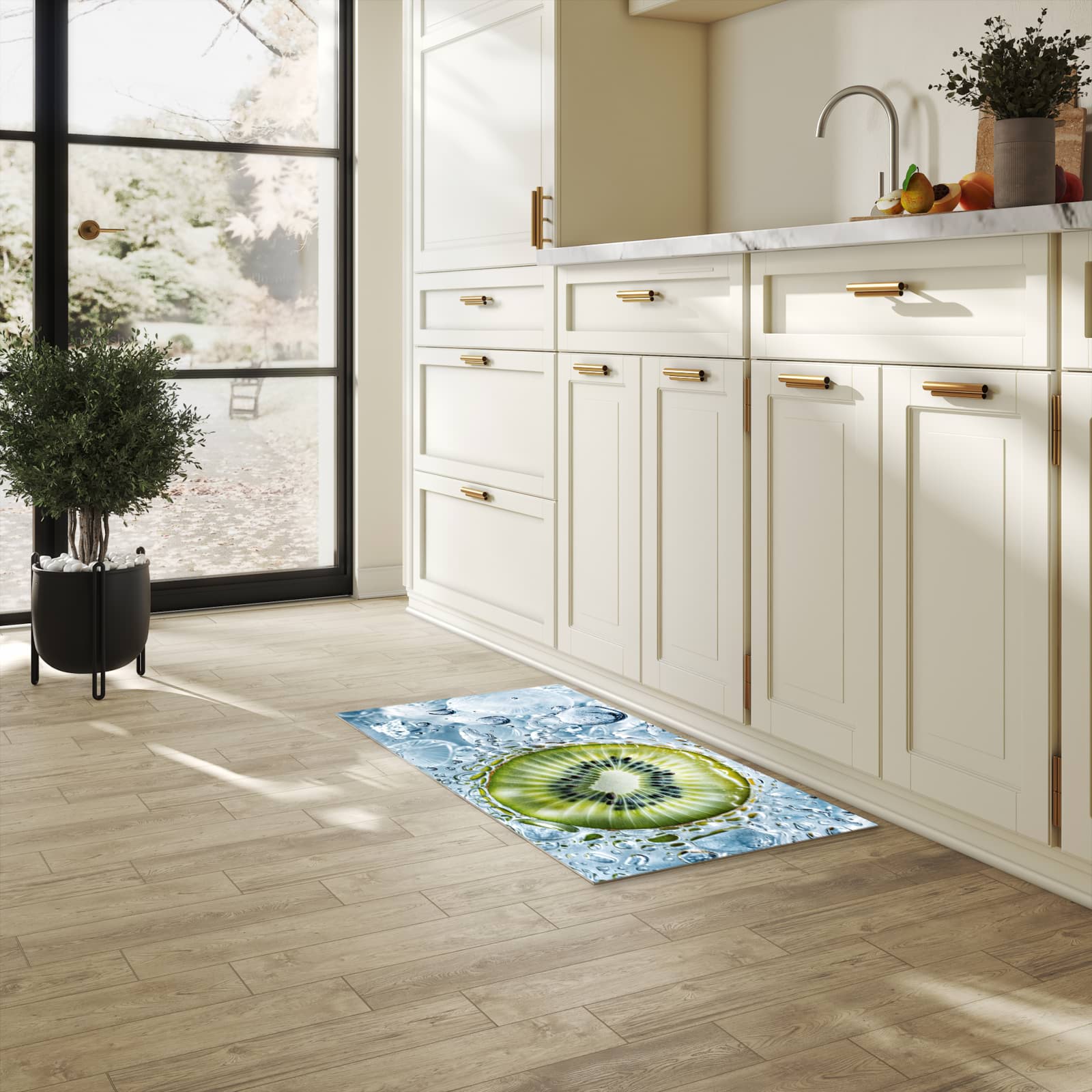 Läufer für die Küche mit Motiv Kiwi mit Eis in heller Küche für Ordnung