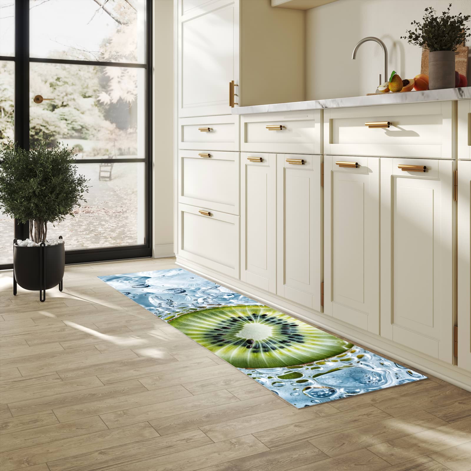 Formstabiler Küchenläufer mit Motiv Kiwi mit Eis in heller Küche