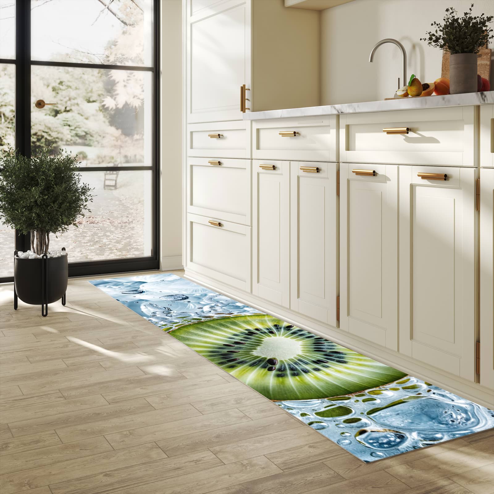 Zeitsparender waschbarer Küchenteppich mit Motiv Kiwi mit Eis in heller Küche
