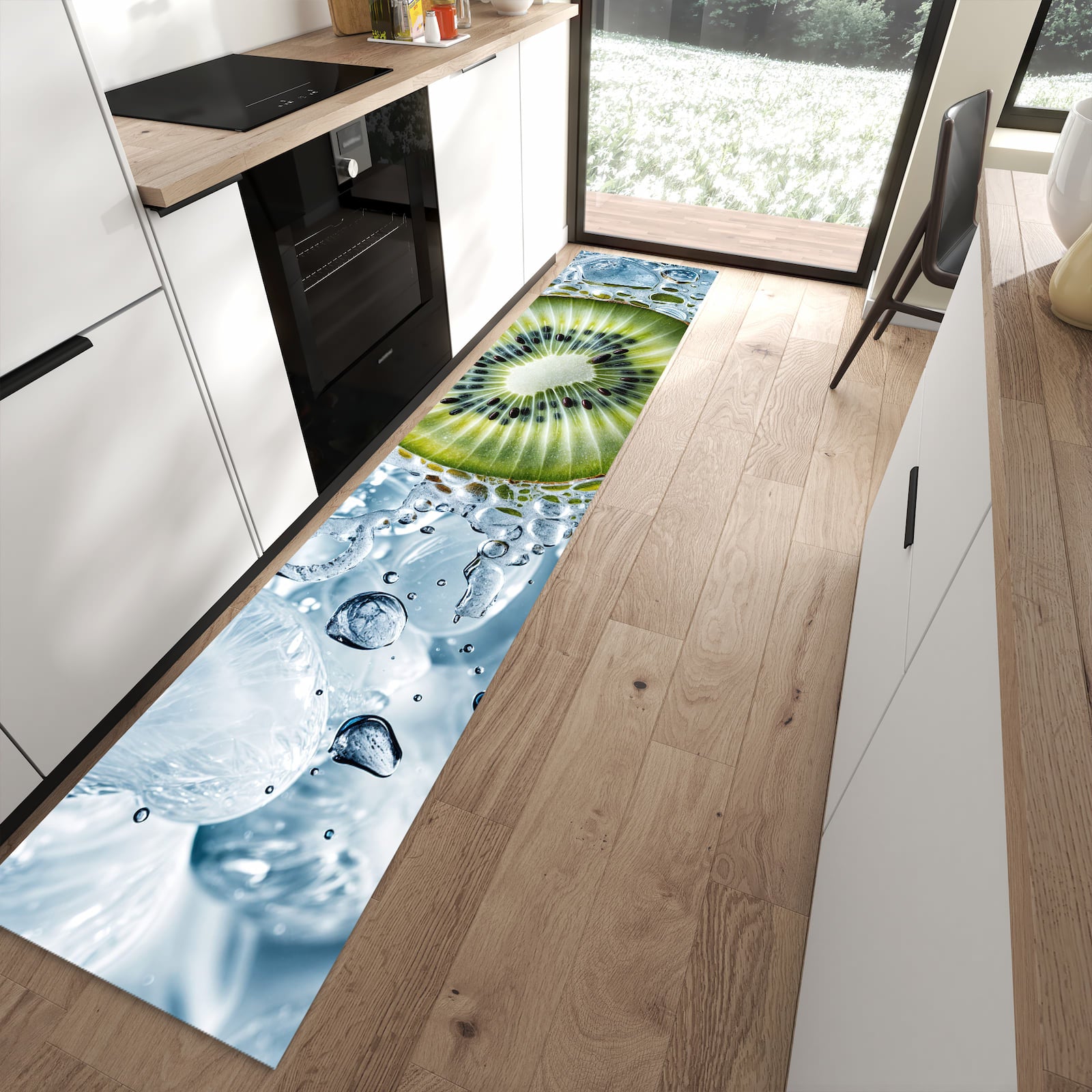 Rutschfester Küchenläufer mit Motiv Kiwi mit Eis in moderner Küche