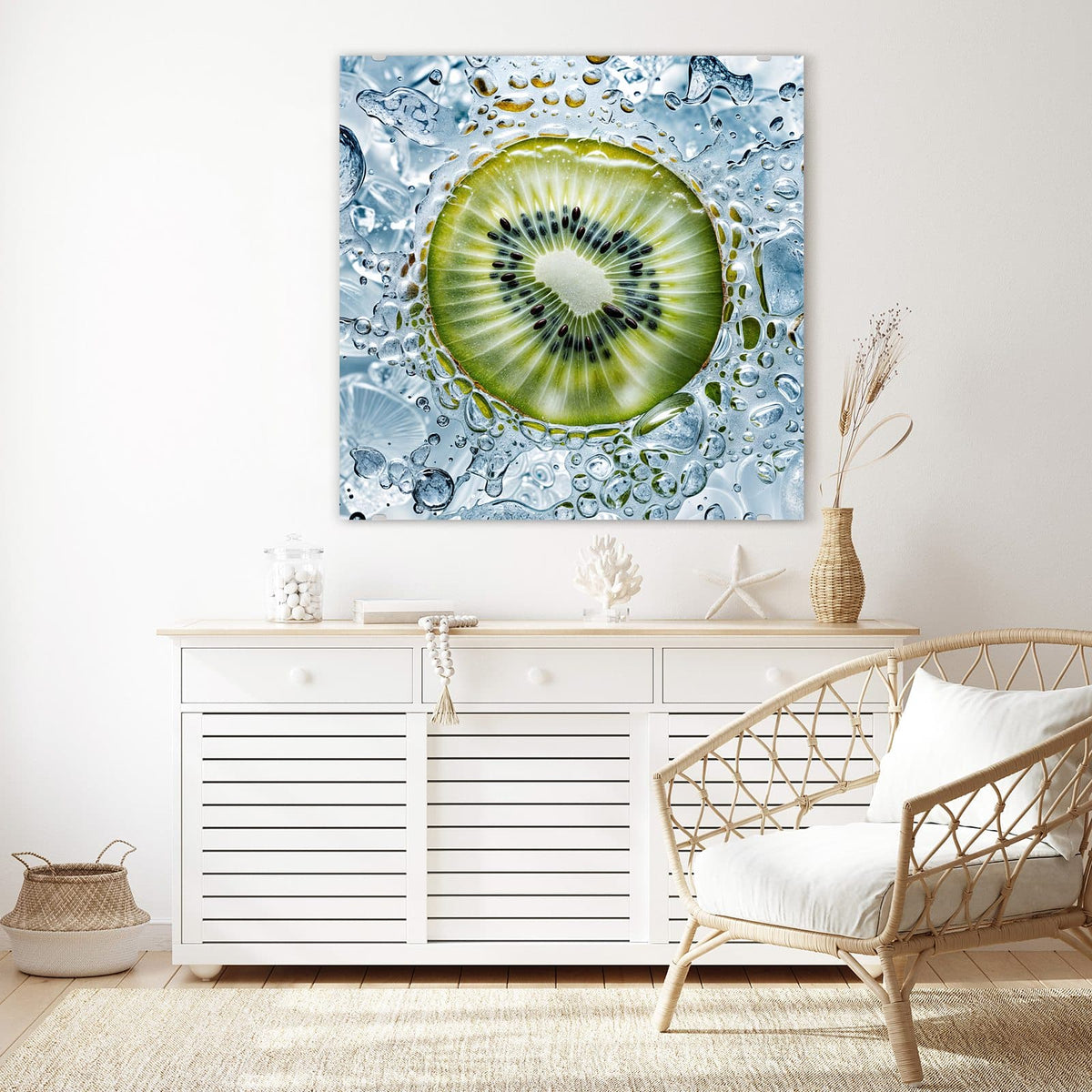 Echtglas, 4 mm – kein Acryl, keine Folie – Wandbild - Kiwi in Wasserblasen - Quadratisch