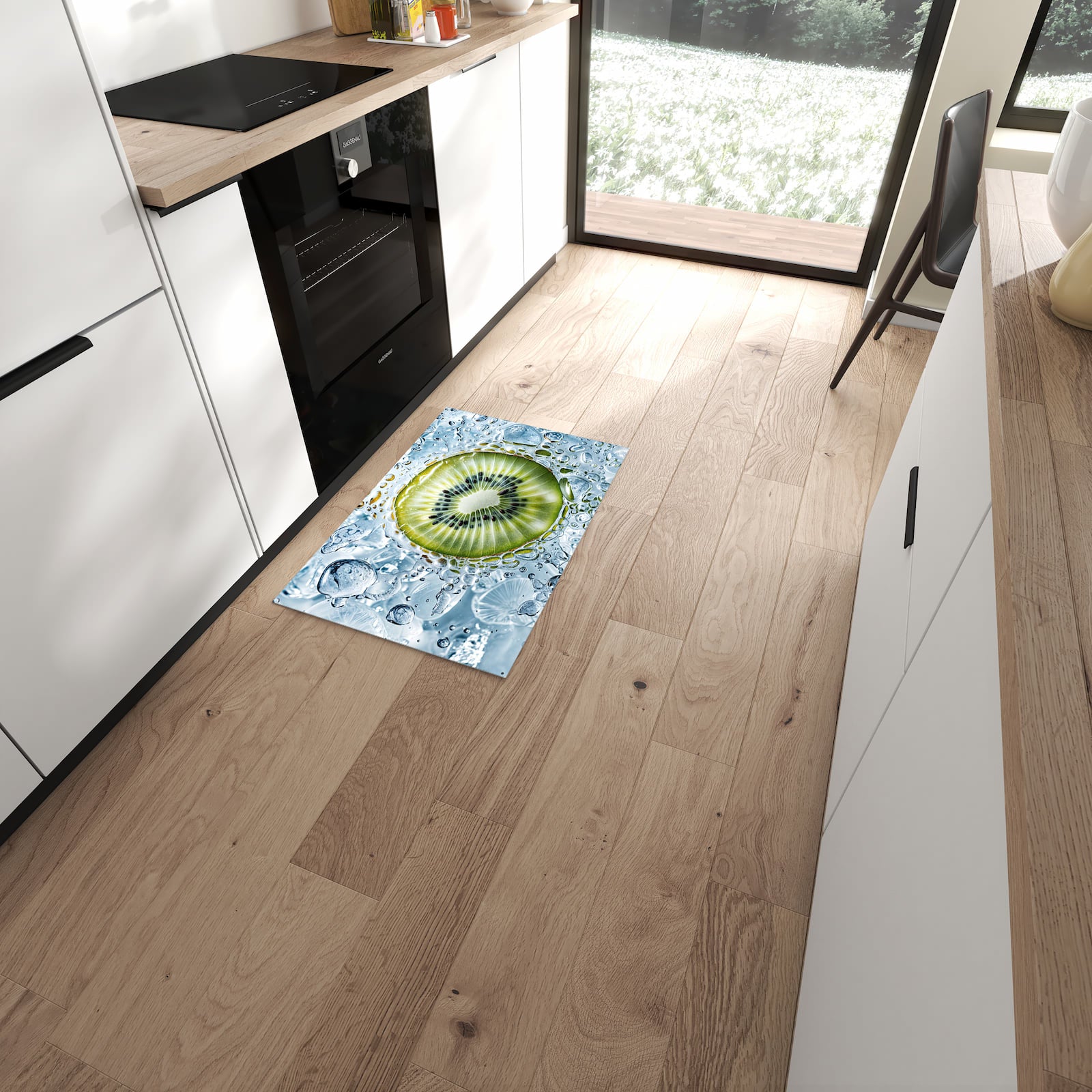 Rutschfester Küchenteppich mit Motiv Kiwi mit Eis in moderner Küche - leicht zu reinigen