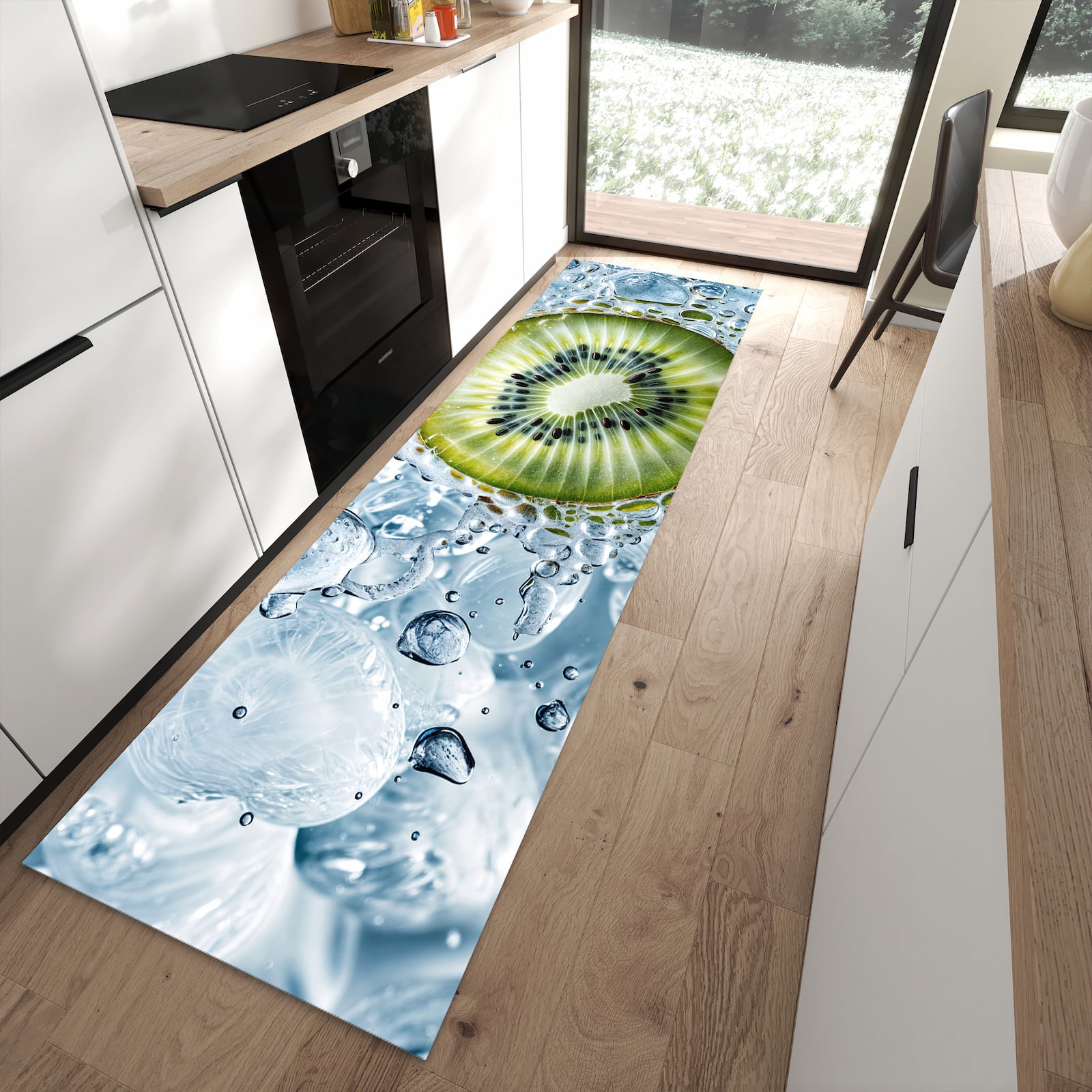 Strapazierfähiger waschbarer Küchenteppich mit Motiv Kiwi mit Eis in moderner Küche