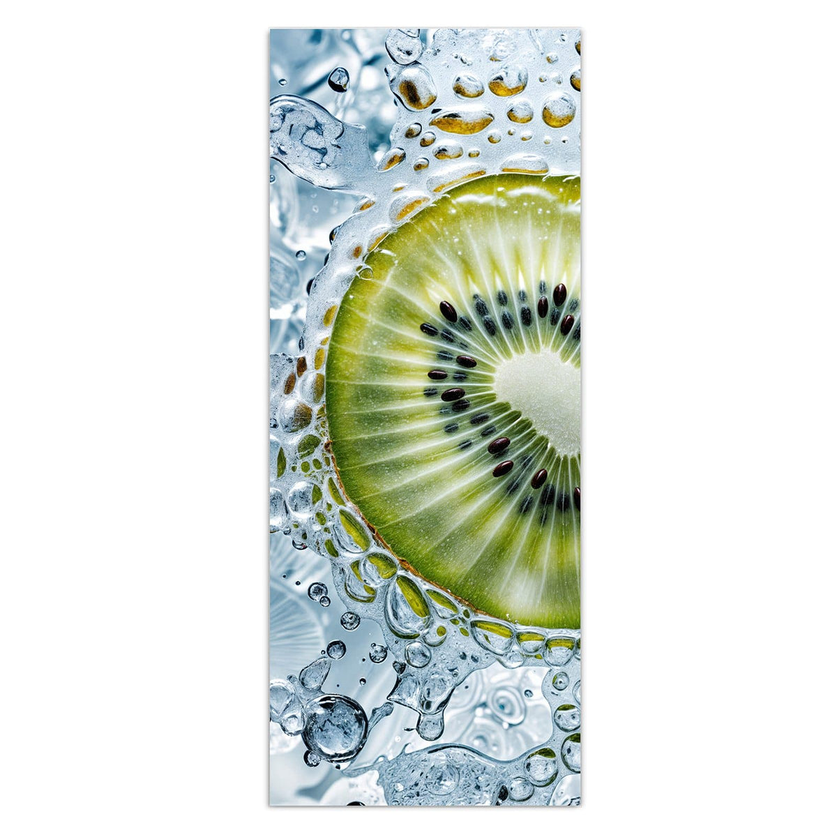 Wandbild - Kiwi in Wasserblasen - Hochformat – Kiwischeibe zwischen Wasserblasen