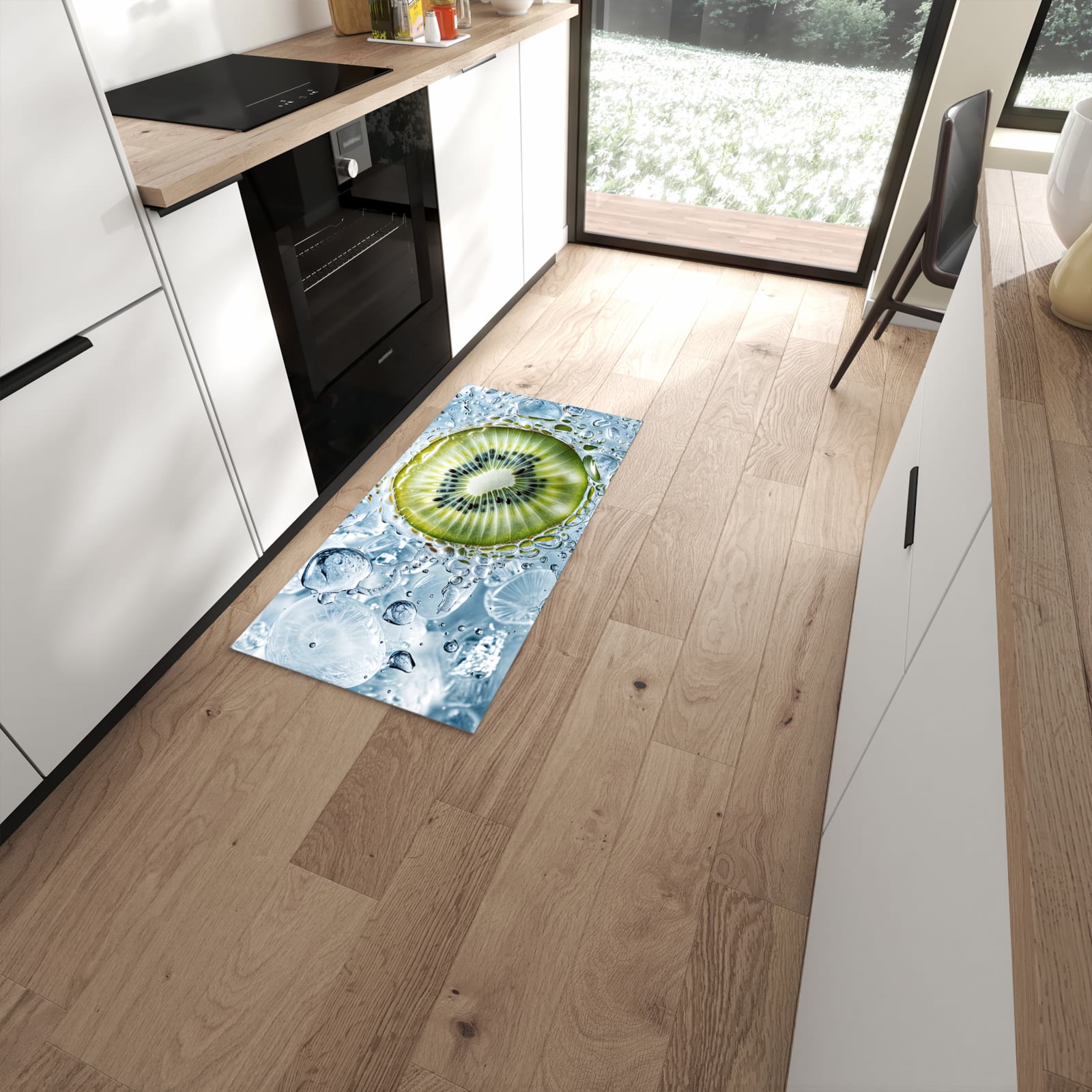 Geruchsneutraler rutschfester Küchenteppich mit Motiv Kiwi mit Eis in moderner Küche #grösse_60 x 120 cm