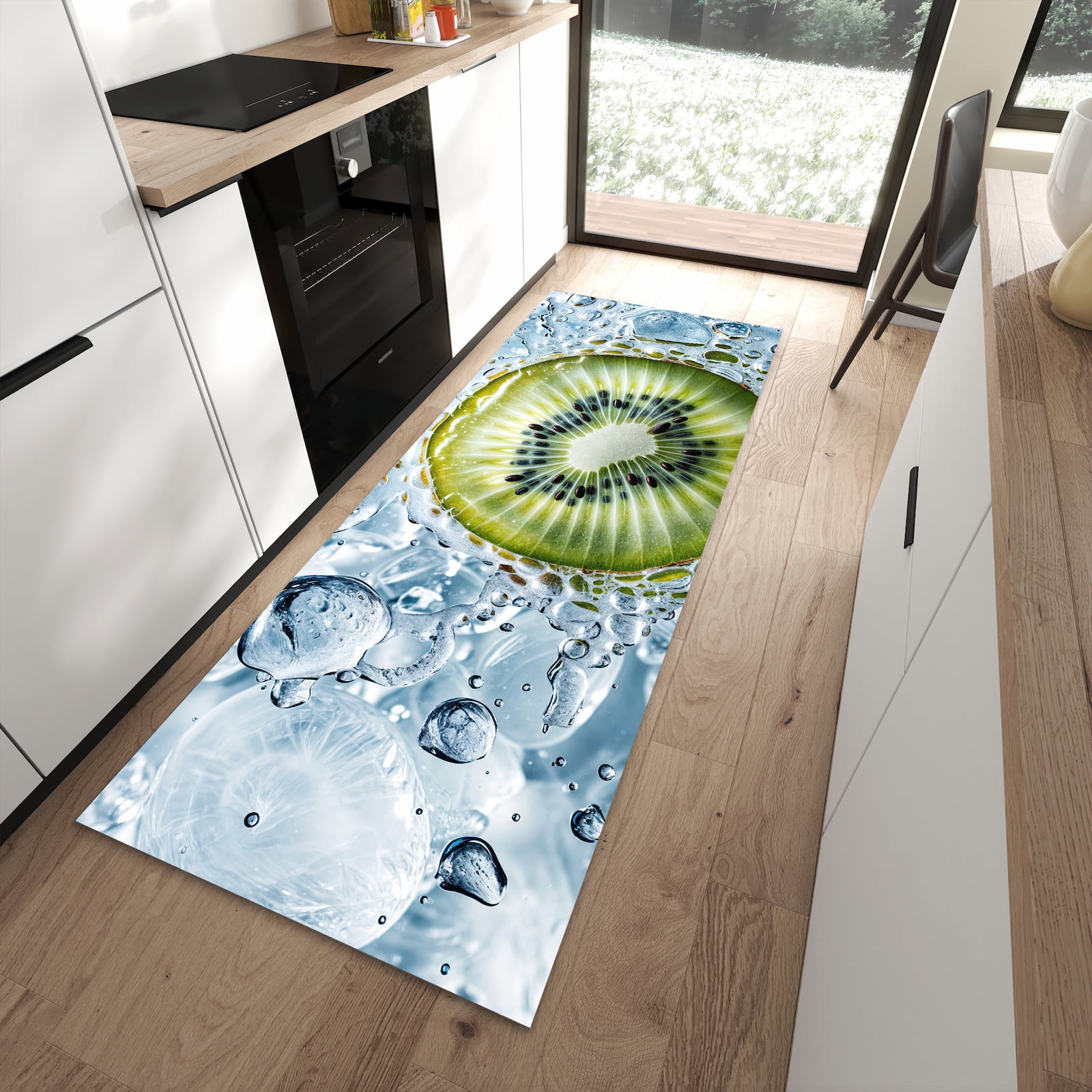Rutschfester Küchenteppich mit Motiv Kiwi mit Eis in moderner Küche