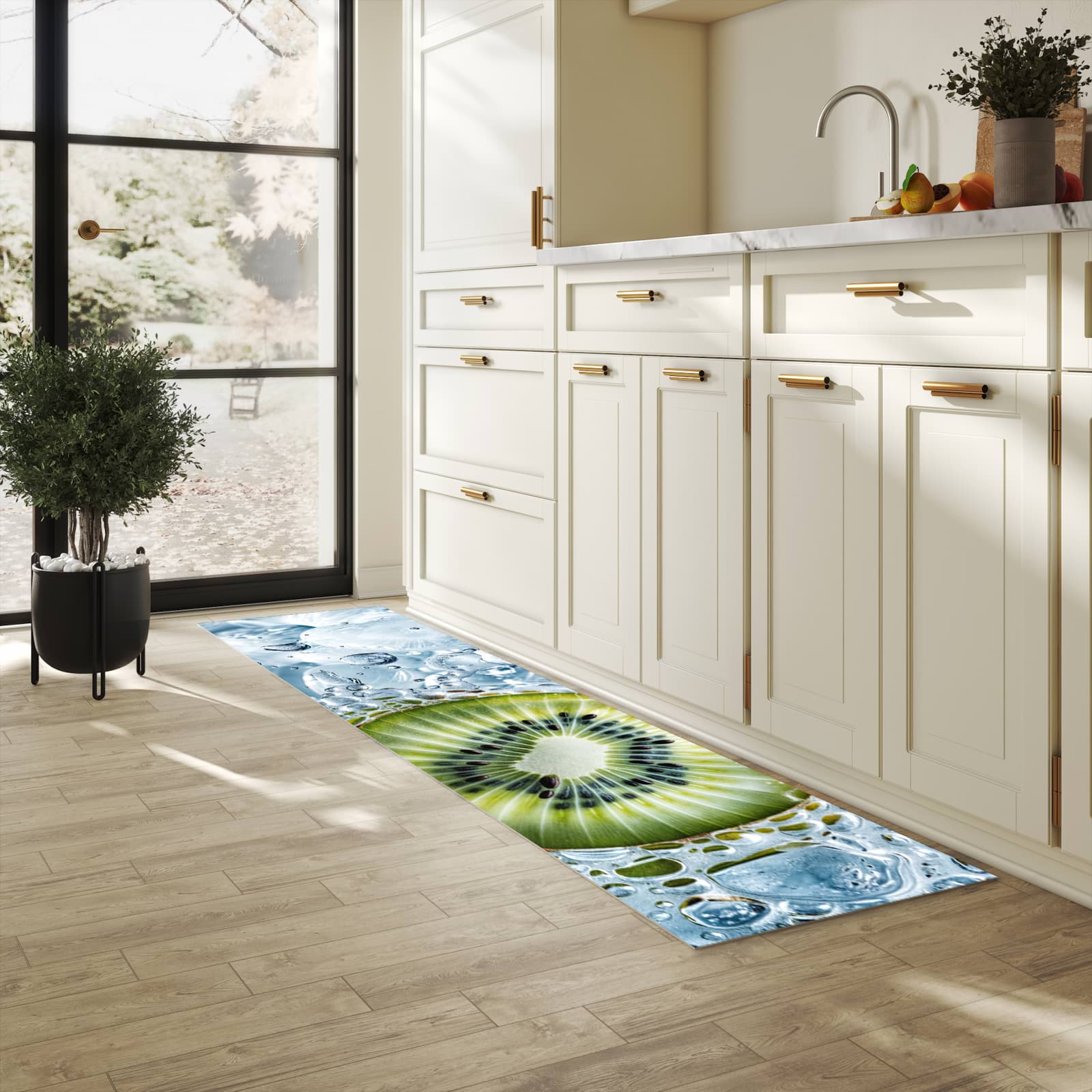 Küchenvorleger mit Motiv Kiwi mit Eis in heller Küche für sichere Aufbewahrung