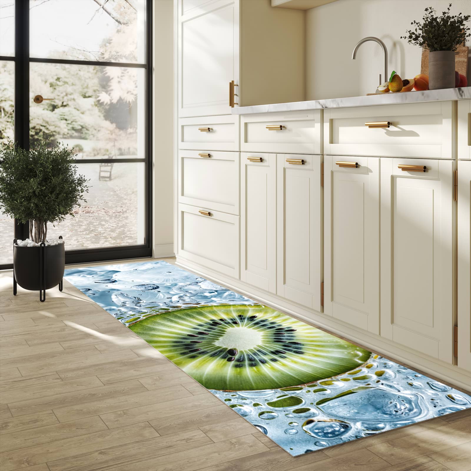 Wasserabweisender Küchenläufer mit Motiv Kiwi mit Eis in heller Küche