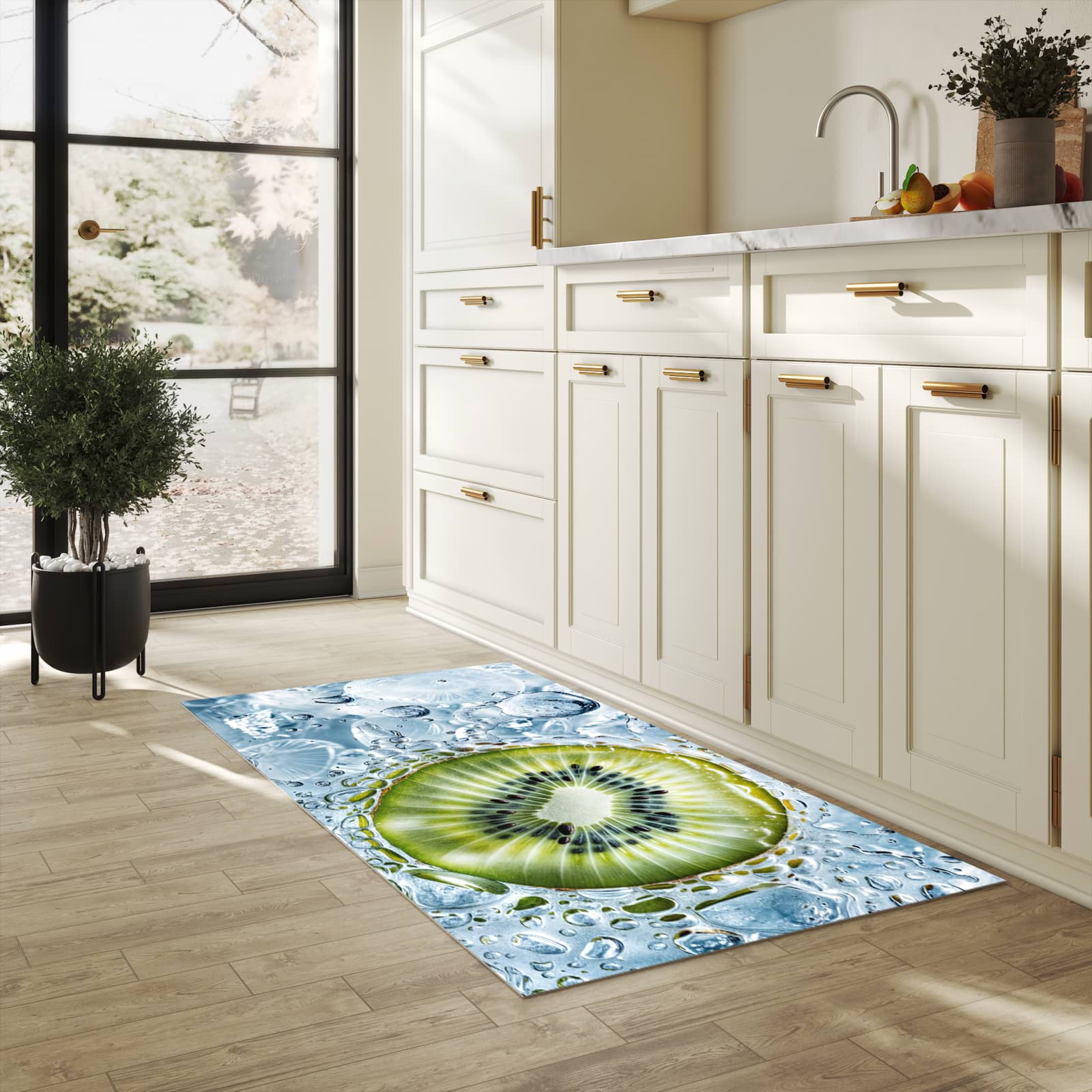 Fleckenresistenter langer Teppich mit Motiv Kiwi mit Eis in heller Küche