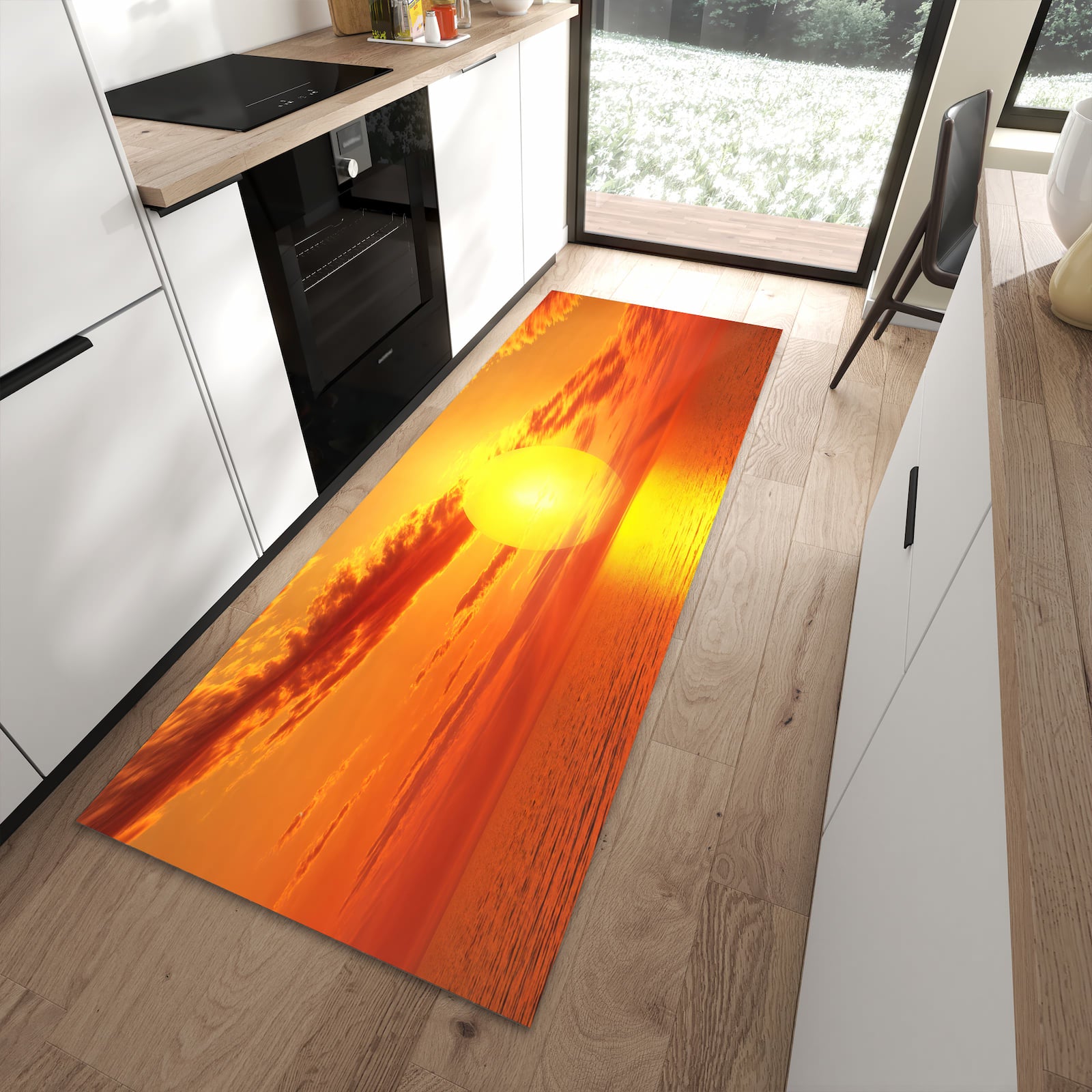 Schmutzabweisender Teppich für Esstisch mit Motiv Meer von Sonnenuntergang in moderner Küche