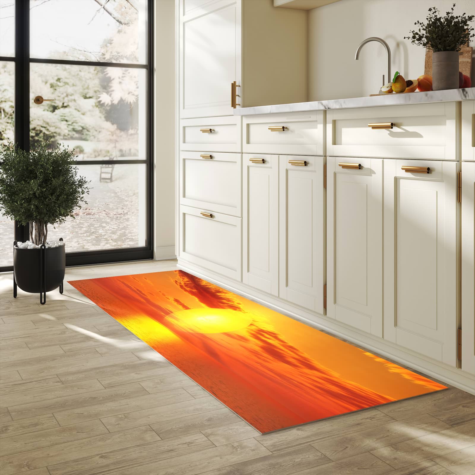 Waschbarer Küchenteppich mit Motiv Meer von Sonnenuntergang in heller Küche