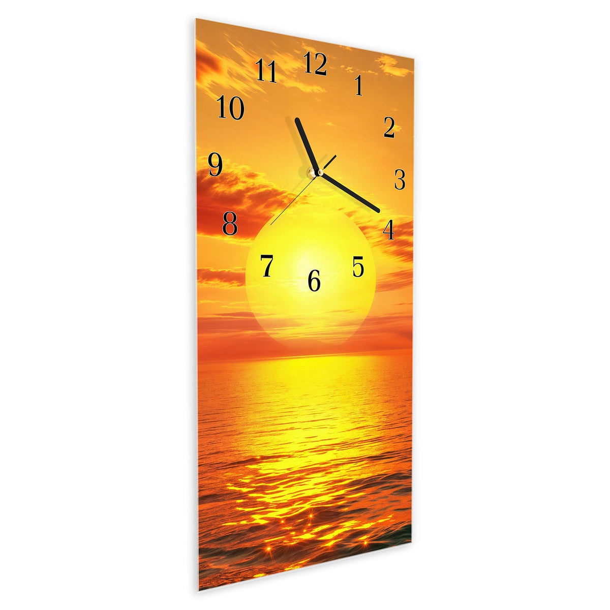 Vormontiert – mit Schwebeeffekt – Wanduhr Sonnenuntergang am Meer aus Glas – Hochformat 30 × 60 cm