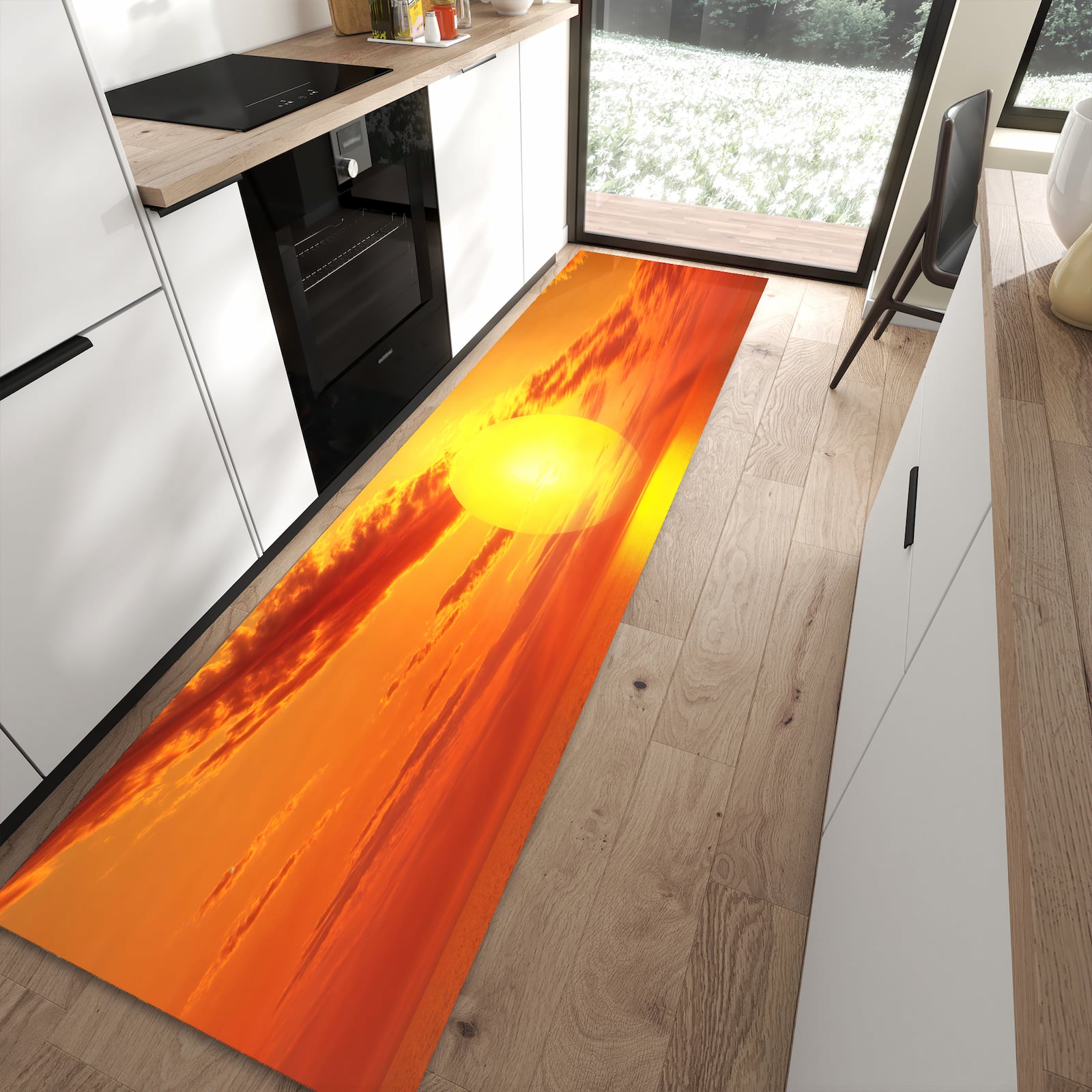 Waschbarer dünner Küchenteppich mit Motiv Meer von Sonnenuntergang in moderner Küche