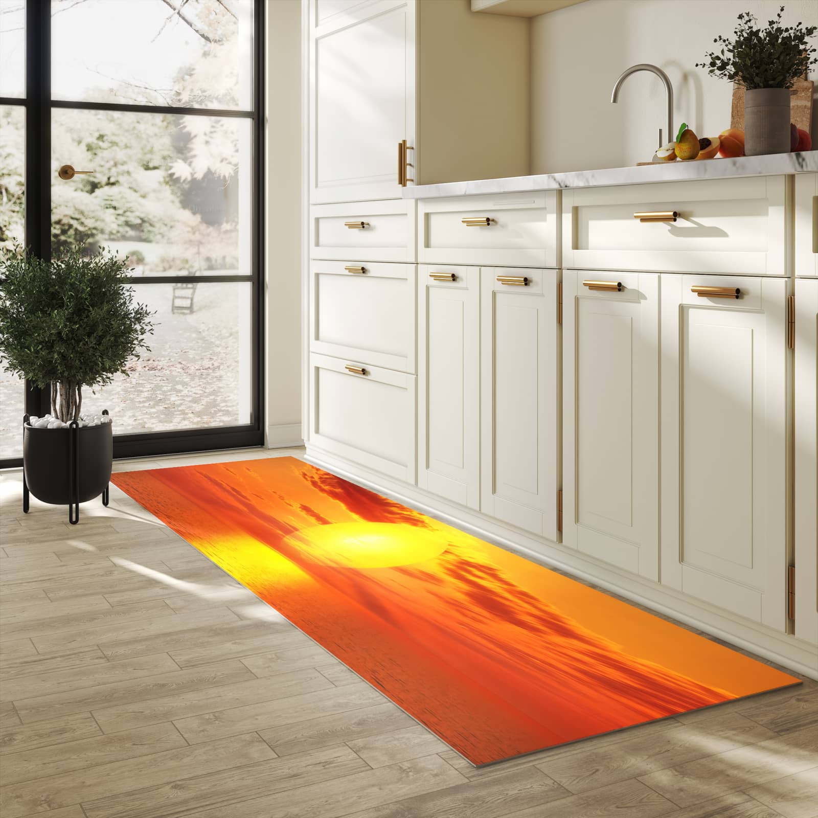 Langlebiger Teppich für die Küche mit Motiv Meer von Sonnenuntergang in heller Küche