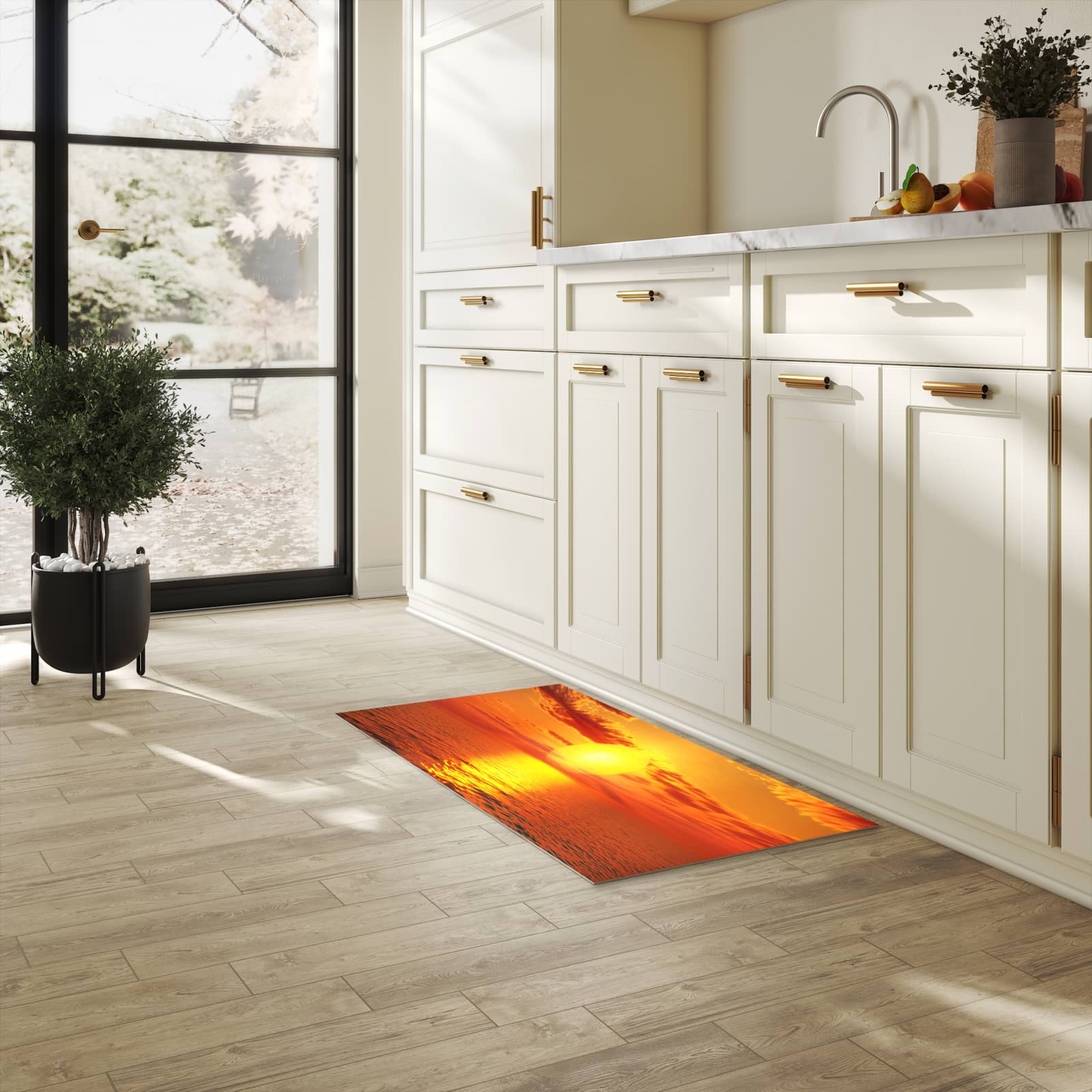 Flacher Küchenläufer nach Maß mit Motiv Meer von Sonnenuntergang in heller Küche