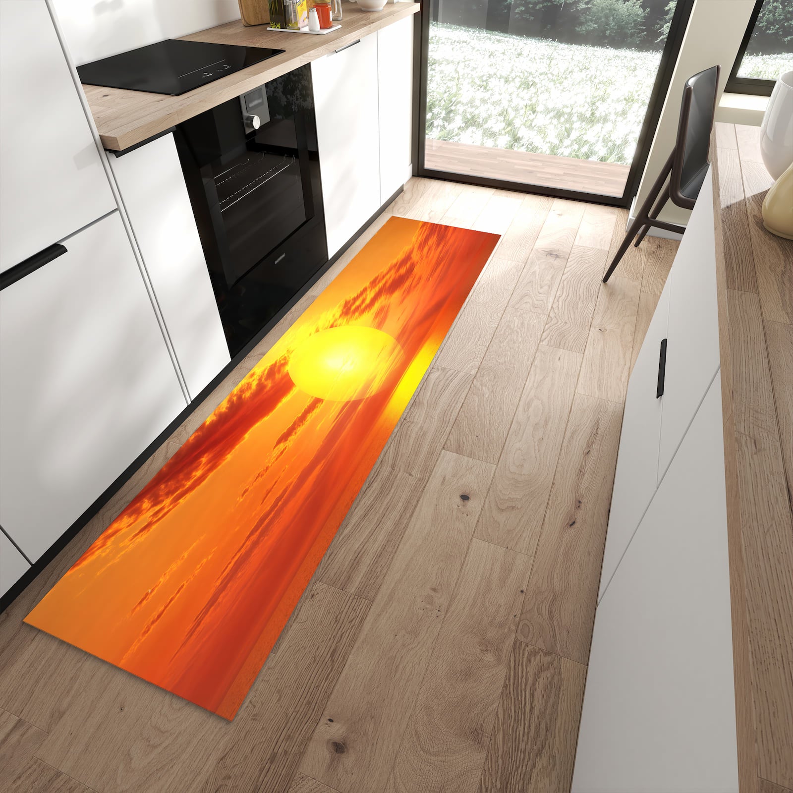 Formstabiler waschbarer Läufer für die Küche mit Motiv Meer von Sonnenuntergang in moderner Küche