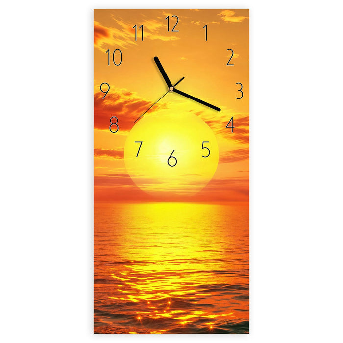 Wanduhr Sonnenuntergang am Meer aus Glas – Hochformat 30 × 60 cm mit Ziffernblatt Elegant