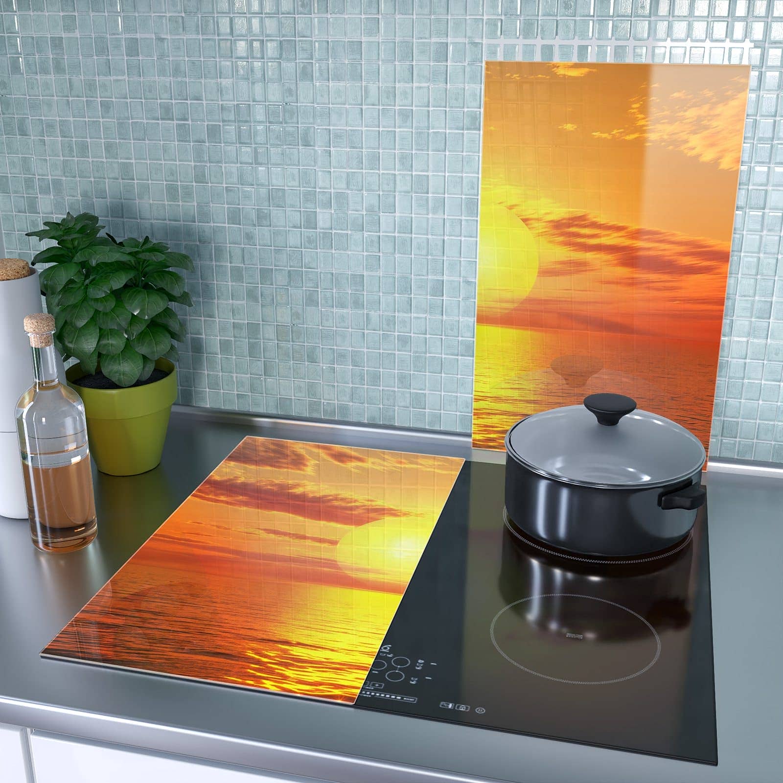 2-teilige Herdabdeckplatten mit Sonnenuntergang am Meer-Motiv als Spritzschutz hinter dem Kochfeld