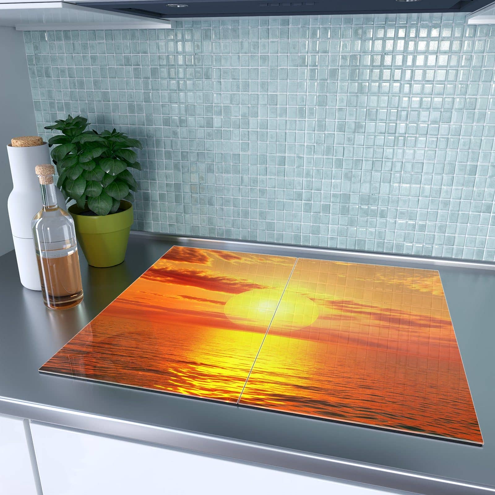 2-teilige Herdabdeckplatte mit Sonnenuntergang am Meer-Motiv auf dem Ceranfeld