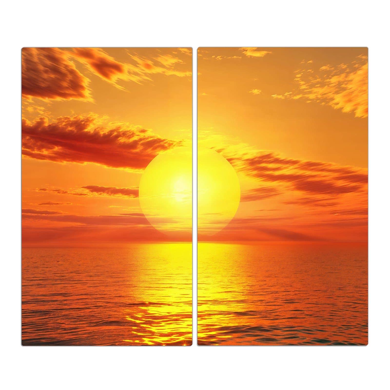 2-teilige Herdabdeckplatte zum Herd abdecken mit Sonnenuntergang am Meer-Motiv in der Frontansicht
