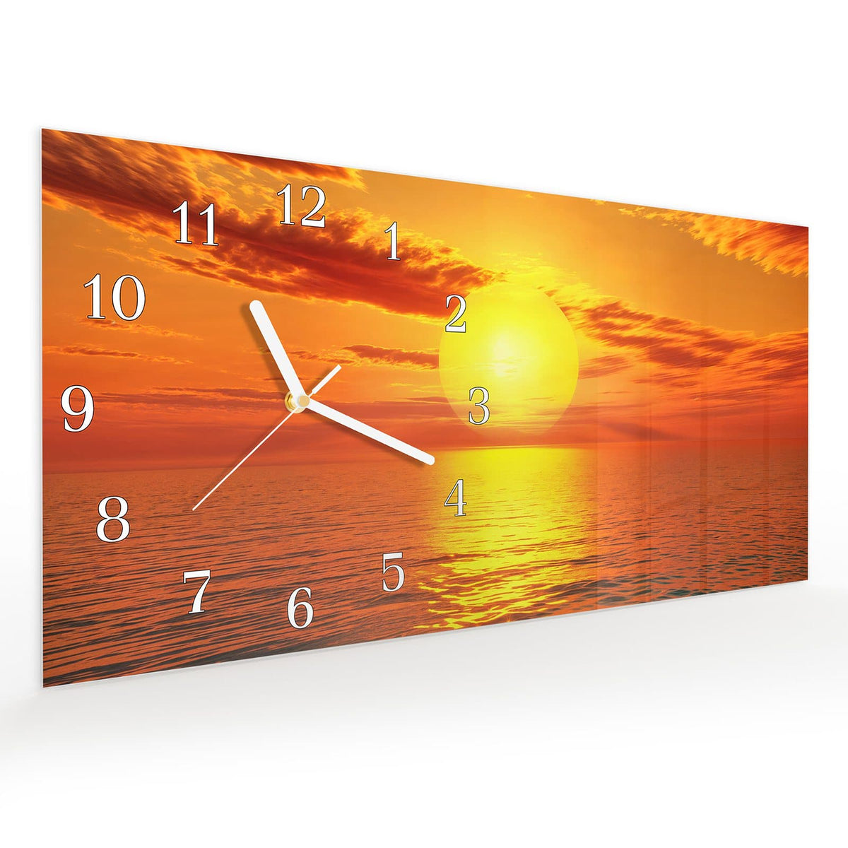 Vormontiert – mit Schwebeeffekt – Wanduhr Sonnenuntergang am Meer aus Glas – Querformat 60 × 30 cm