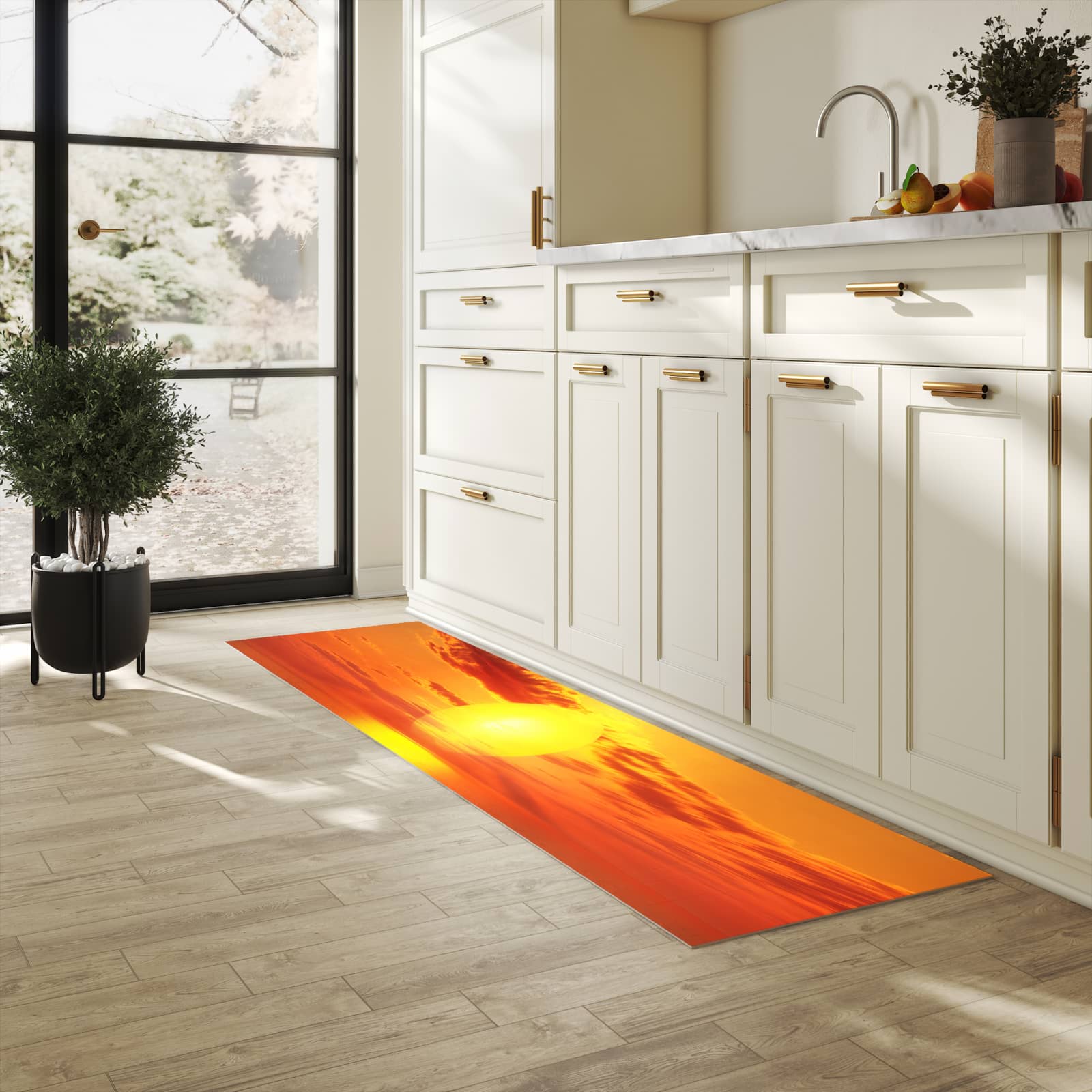 Rutschhemmender Küchenläufer mit Motiv Meer von Sonnenuntergang in heller Küche