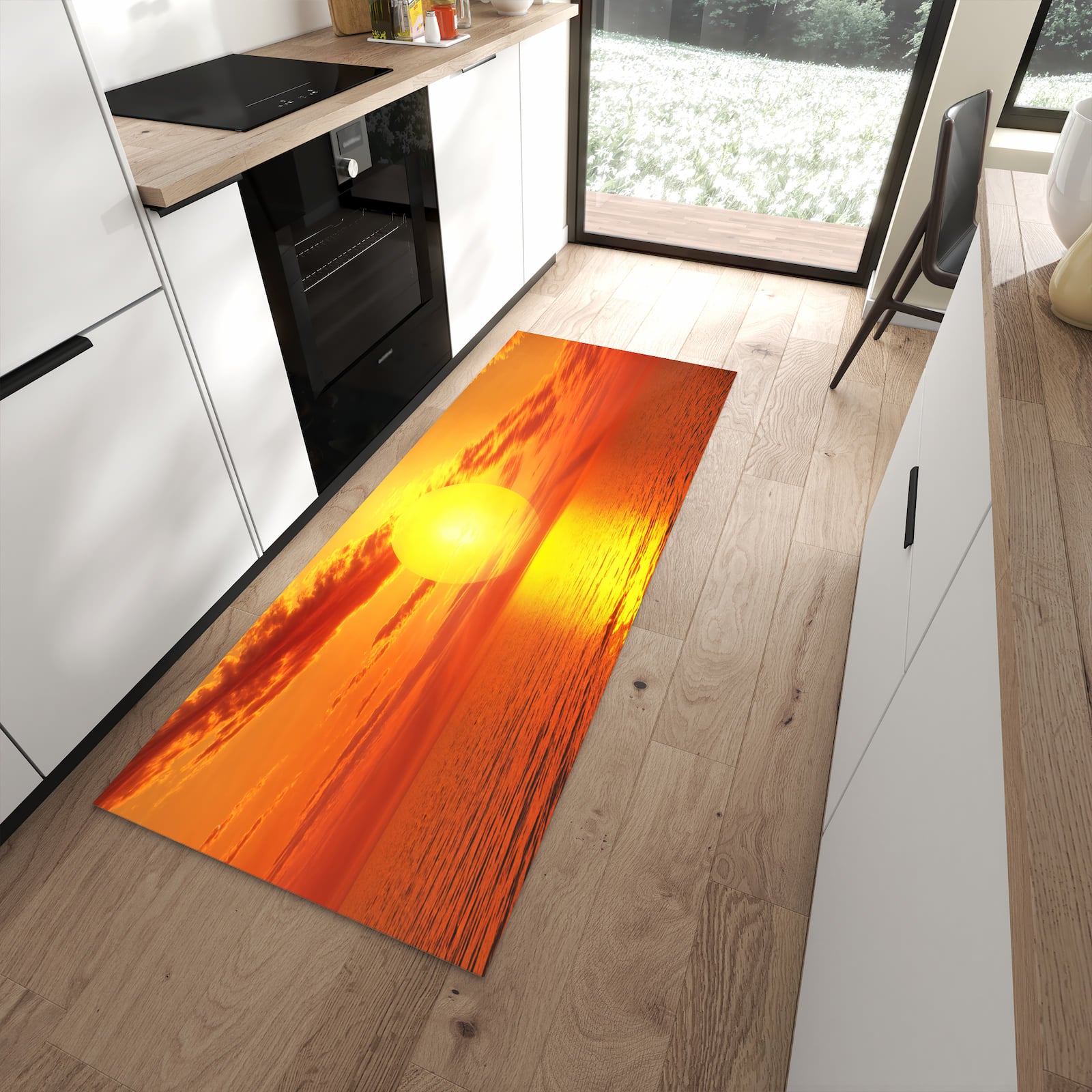 Abriebfester rutschfester Läufer mit Motiv Meer von Sonnenuntergang in moderner Küche