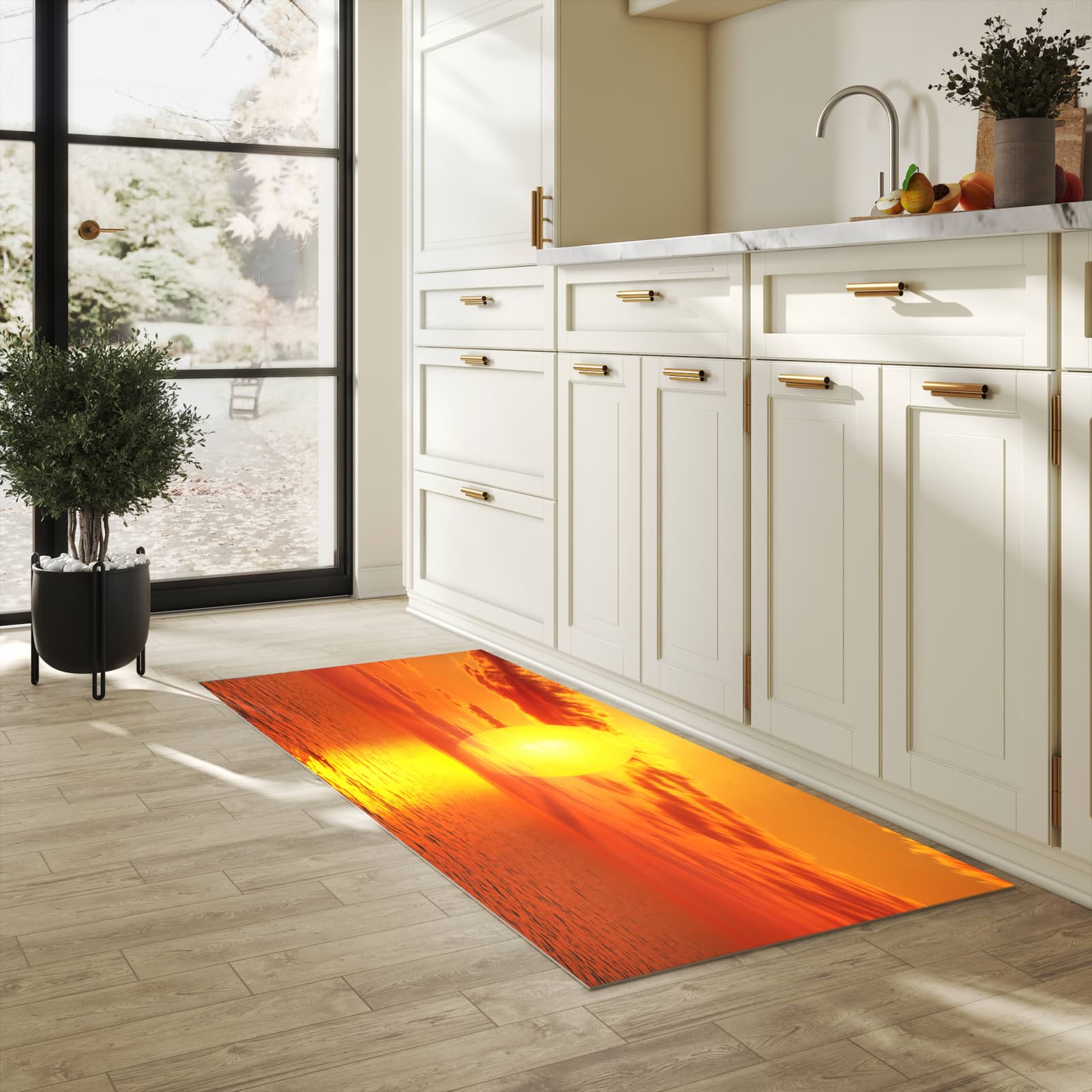 Strapazierfähiger Küchenteppich mit Motiv Meer von Sonnenuntergang in heller Küche