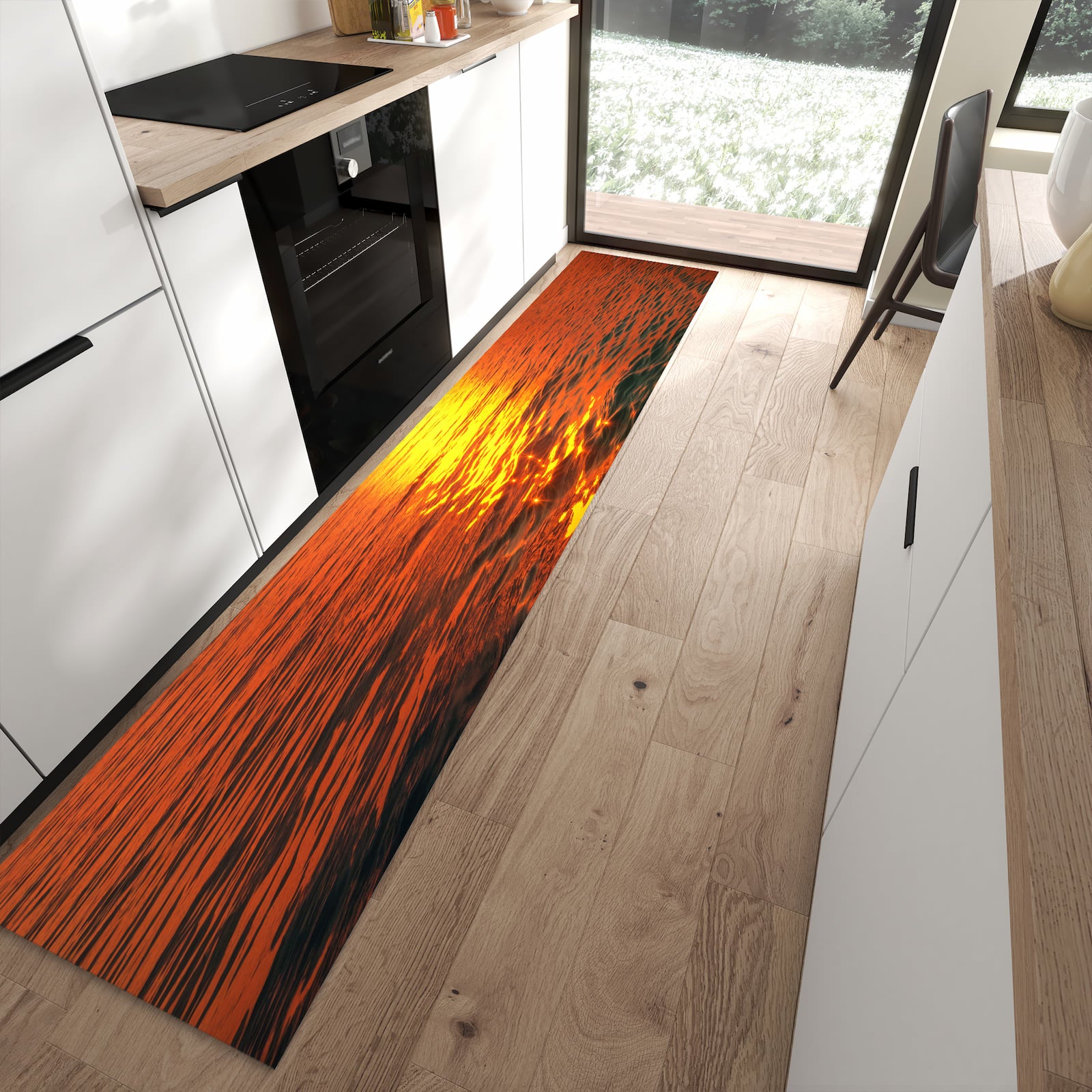 Zeitsparender langer Teppich mit Motiv Meer von Sonnenuntergang in moderner Küche