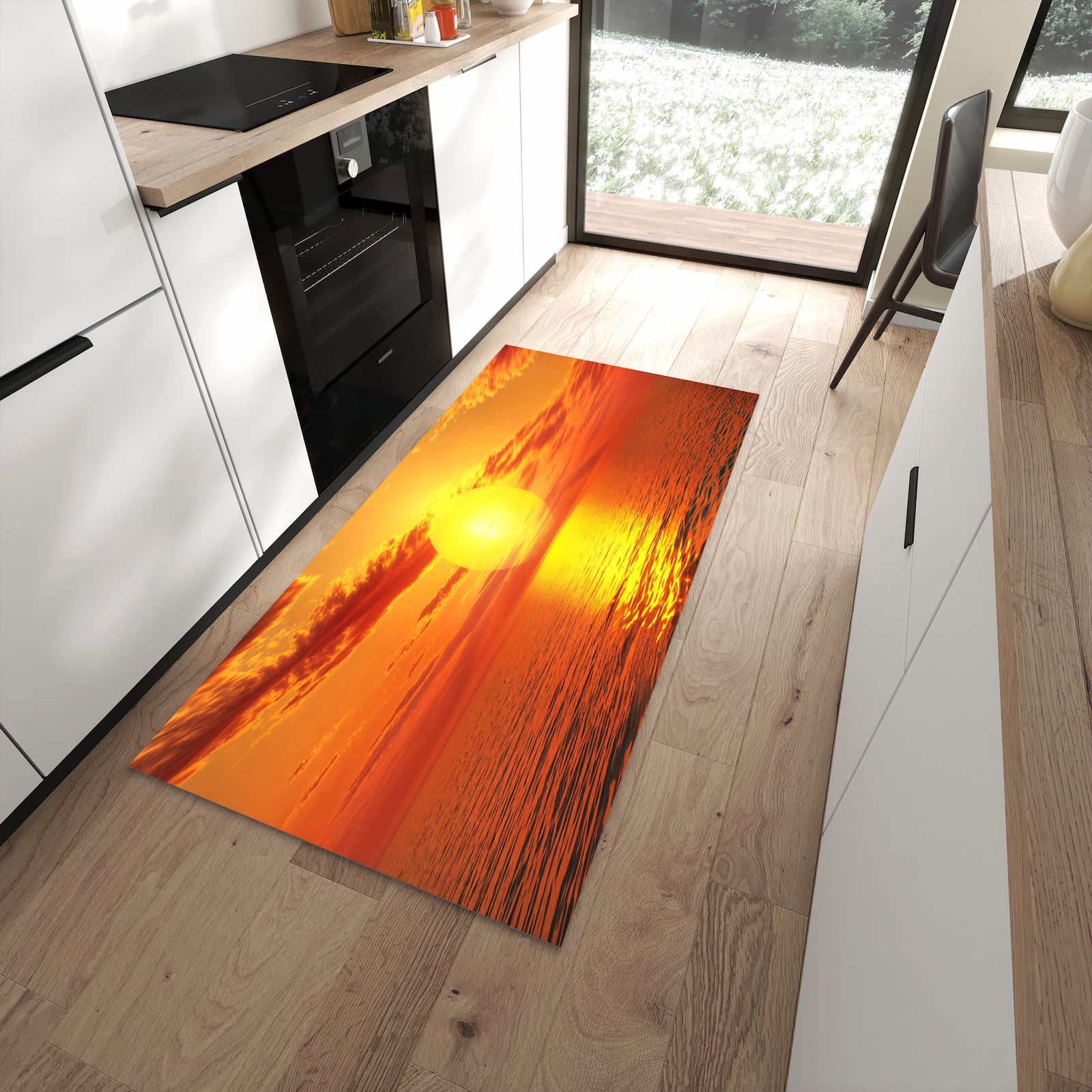 Fleckenresistenter waschbarer Teppich mit Motiv Meer von Sonnenuntergang in moderner Küche
