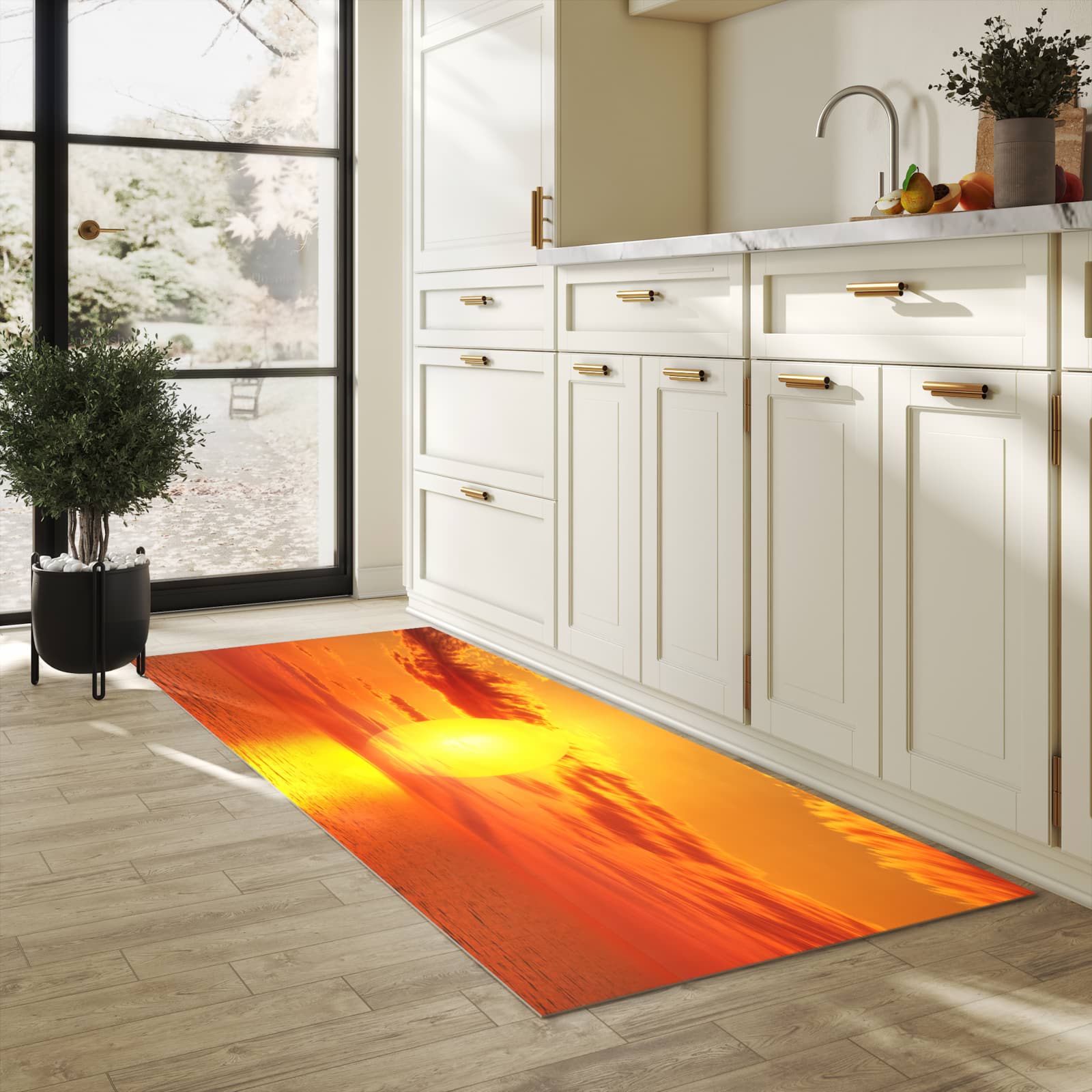 Bodenschonender Küchenteppich mit Motiv Meer von Sonnenuntergang in heller Küche