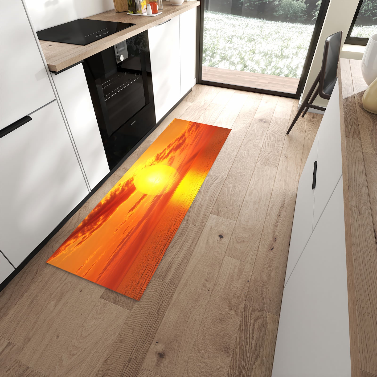 Farbbeständiger Teppichläufer mit Motiv Meer von Sonnenuntergang in moderner Küche