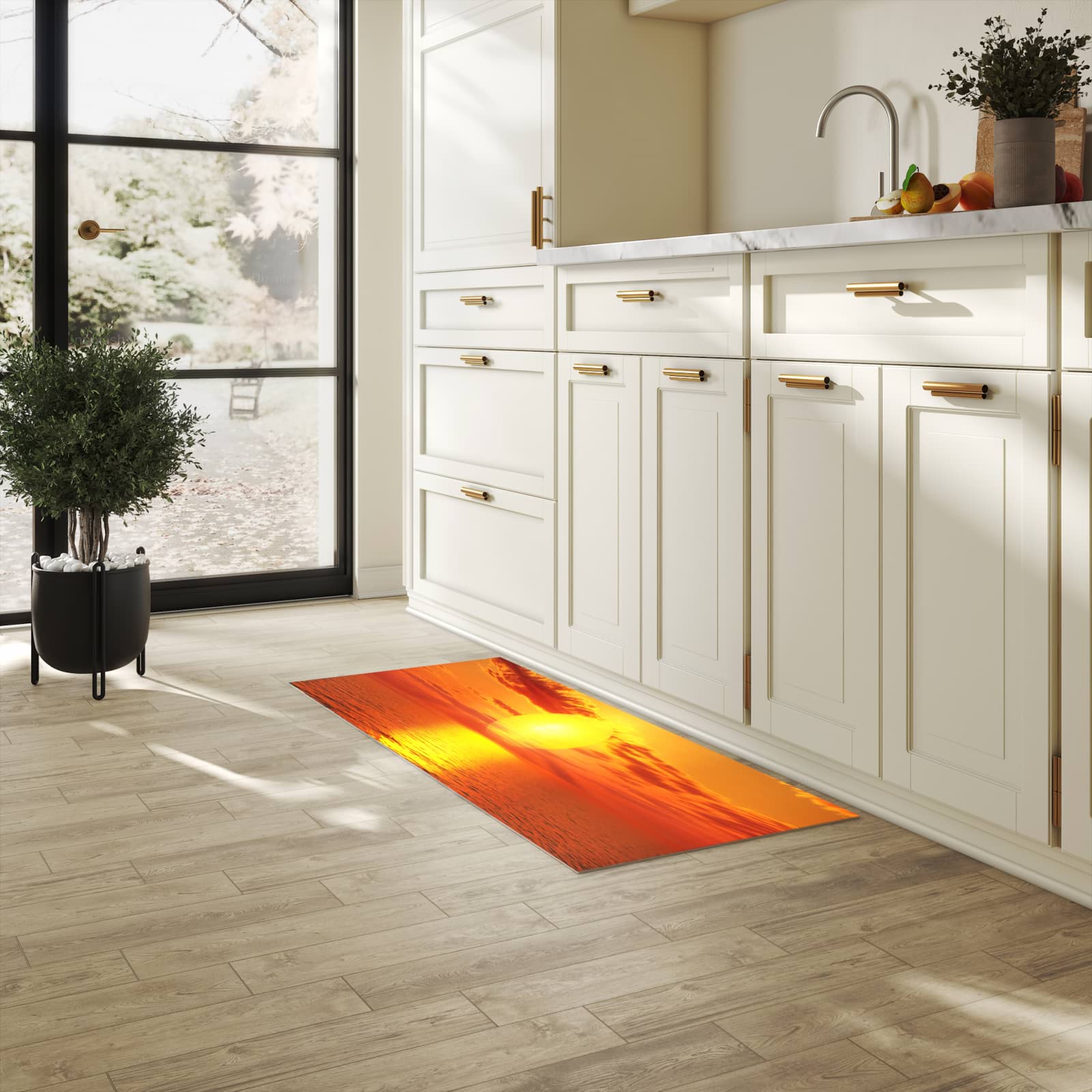 Pflegeleichter waschbarer Küchenläufer mit Motiv Meer von Sonnenuntergang in heller Küche