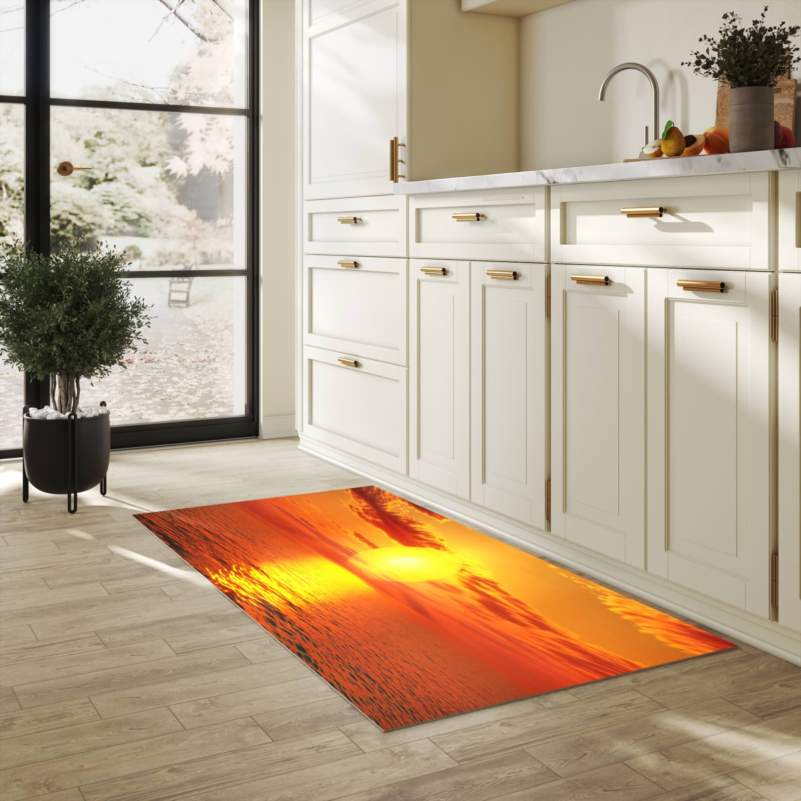 Feuchtigkeitsresistenter Küchenteppich mit Motiv Meer von Sonnenuntergang in heller Küche