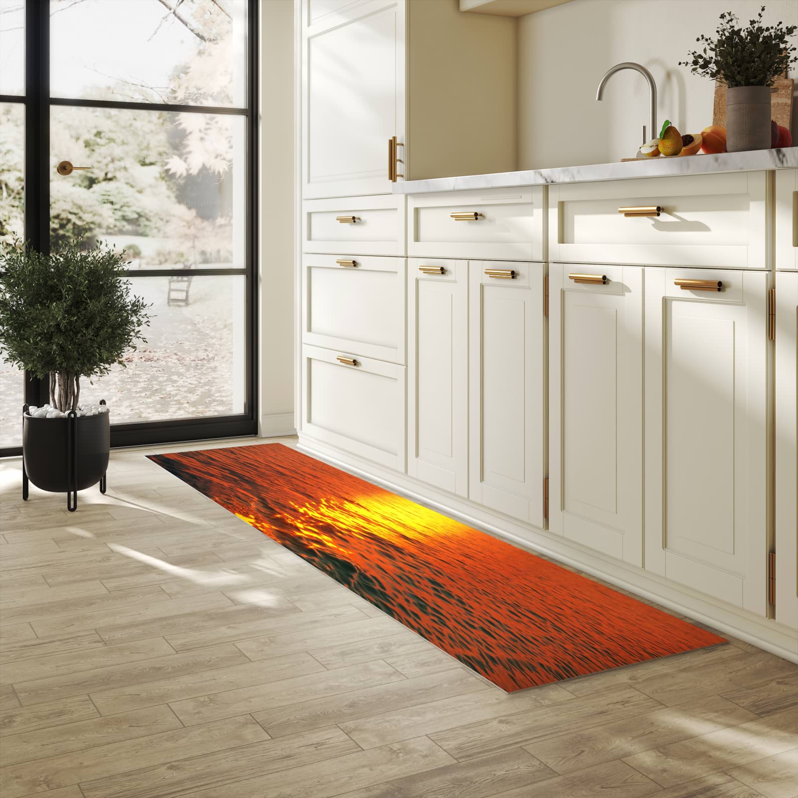 Abwaschbarer Küchenteppich mit Motiv Meer von Sonnenuntergang in heller Küche