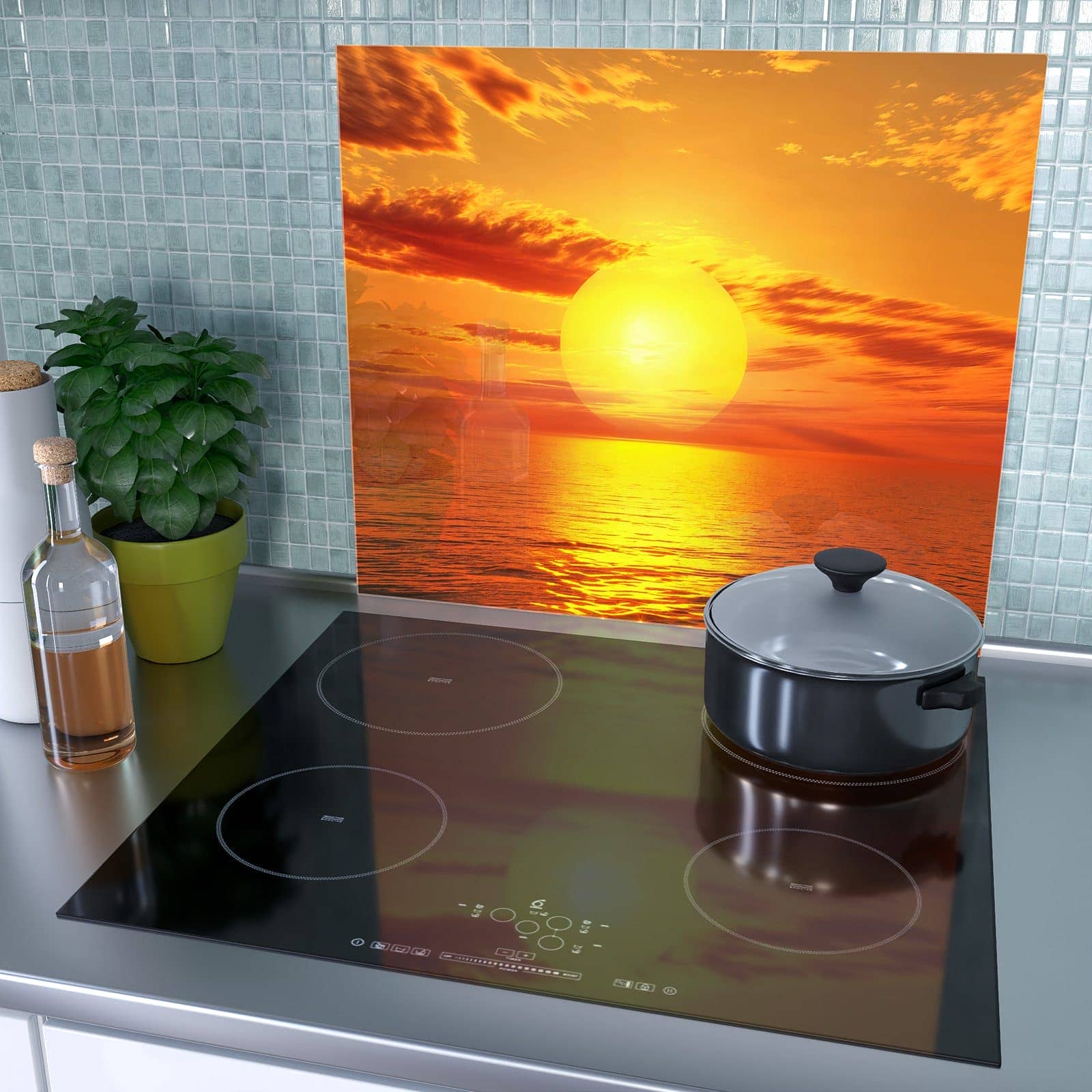 1-teilige Herdabdeckplatte aus Glas mit Sonnenuntergang am Meer-Motiv als Spritzschutz hinter dem Kochfeld