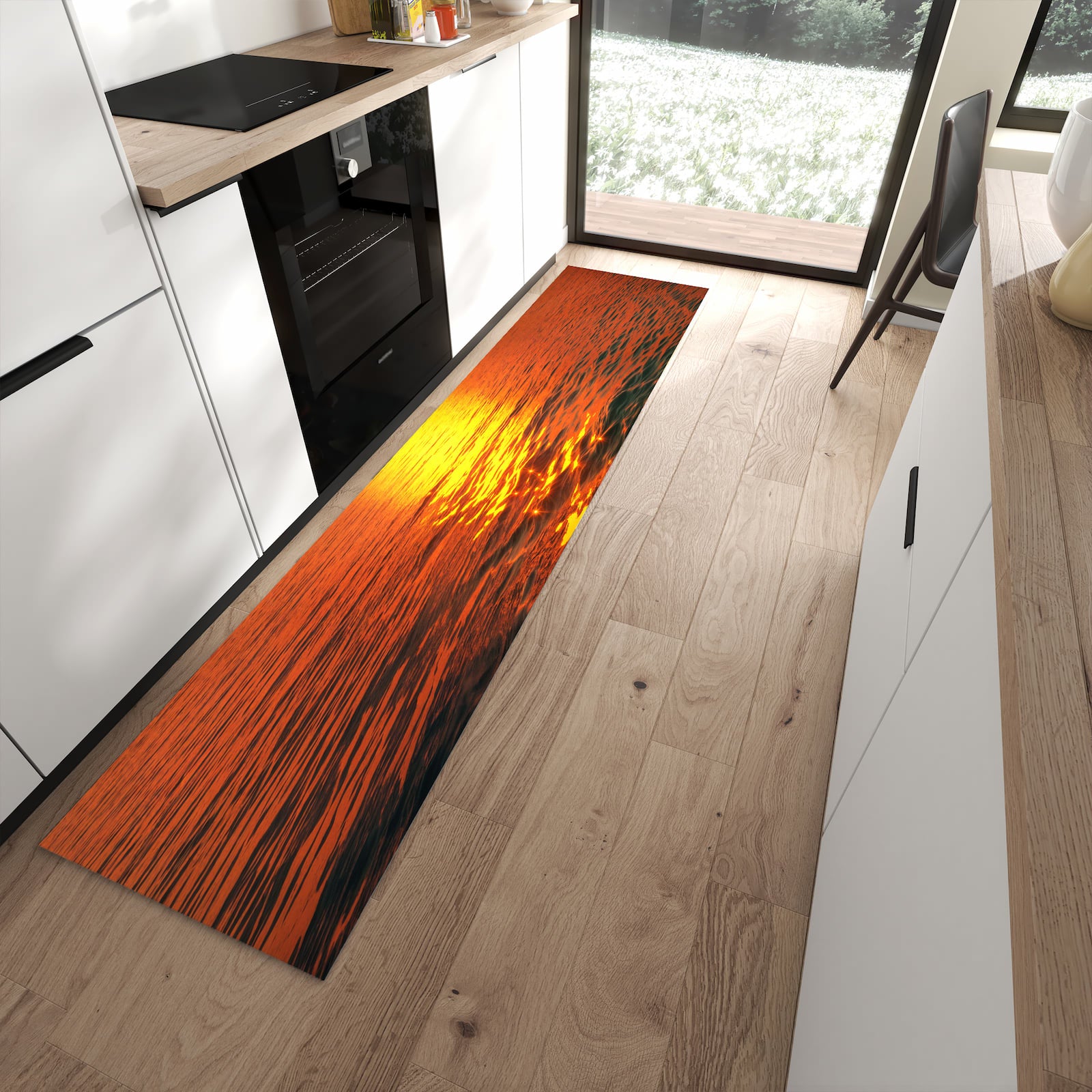 Waschbarer Küchenläufer mit Motiv Meer von Sonnenuntergang in moderner Küche für sichere Aufbewahrung