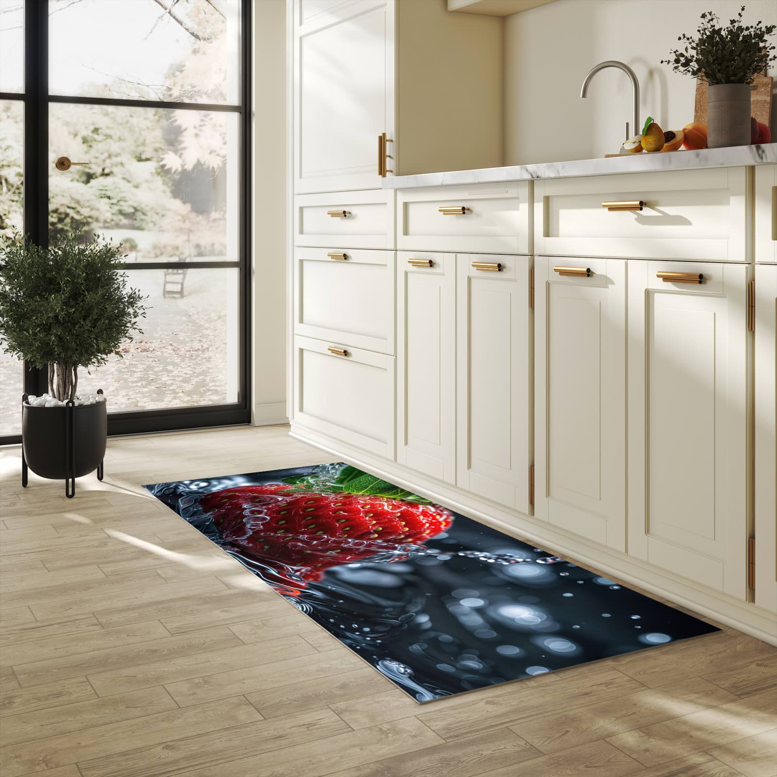 Rutschfester Küchenläufer mit Motiv Erdbeere im Wasser für Trittkomfort in heller Küche