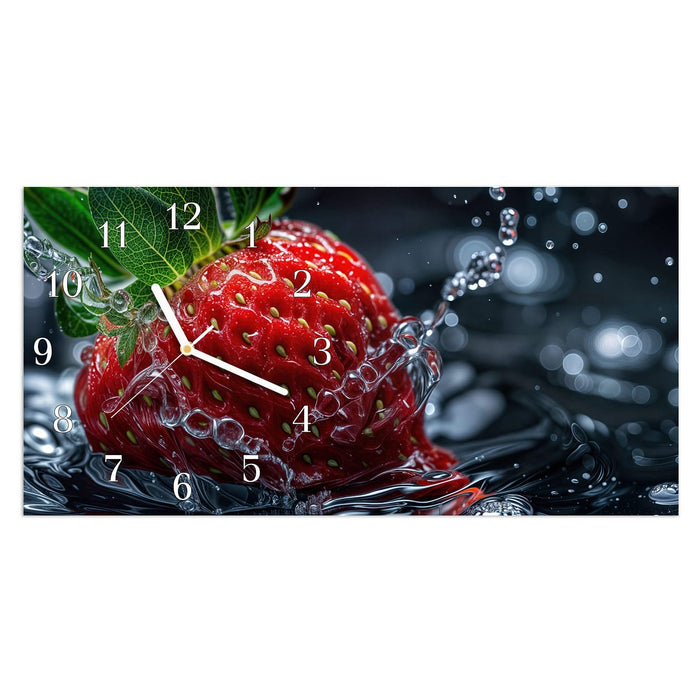 Wanduhr Erdbeere im Wasser aus Glas – Querformat 60 × 30 cm mit Ziffernblatt Klassisch