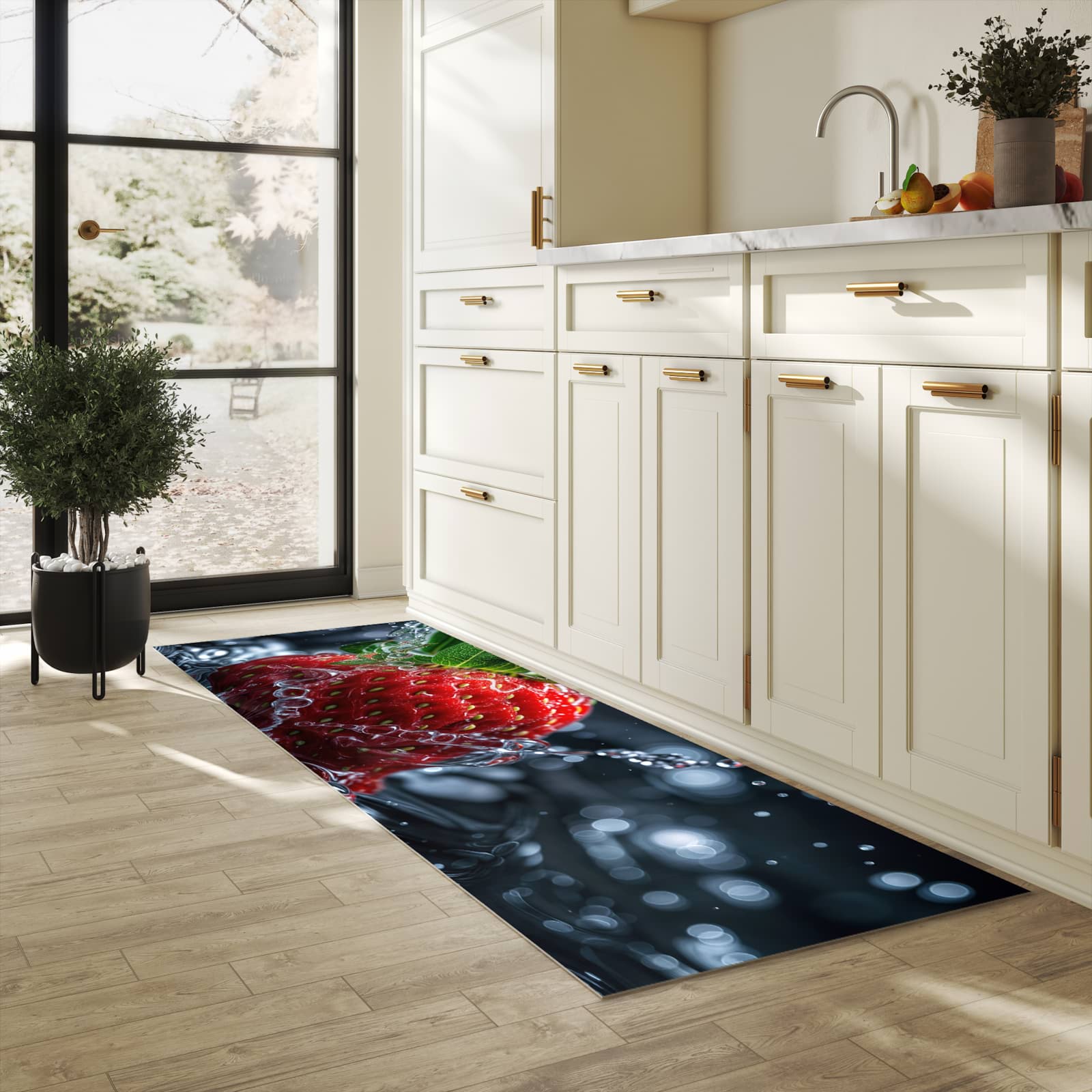 Wasserabweisender rutschfester Küchenläufer mit Motiv Erdbeere im Wasser in heller Küche